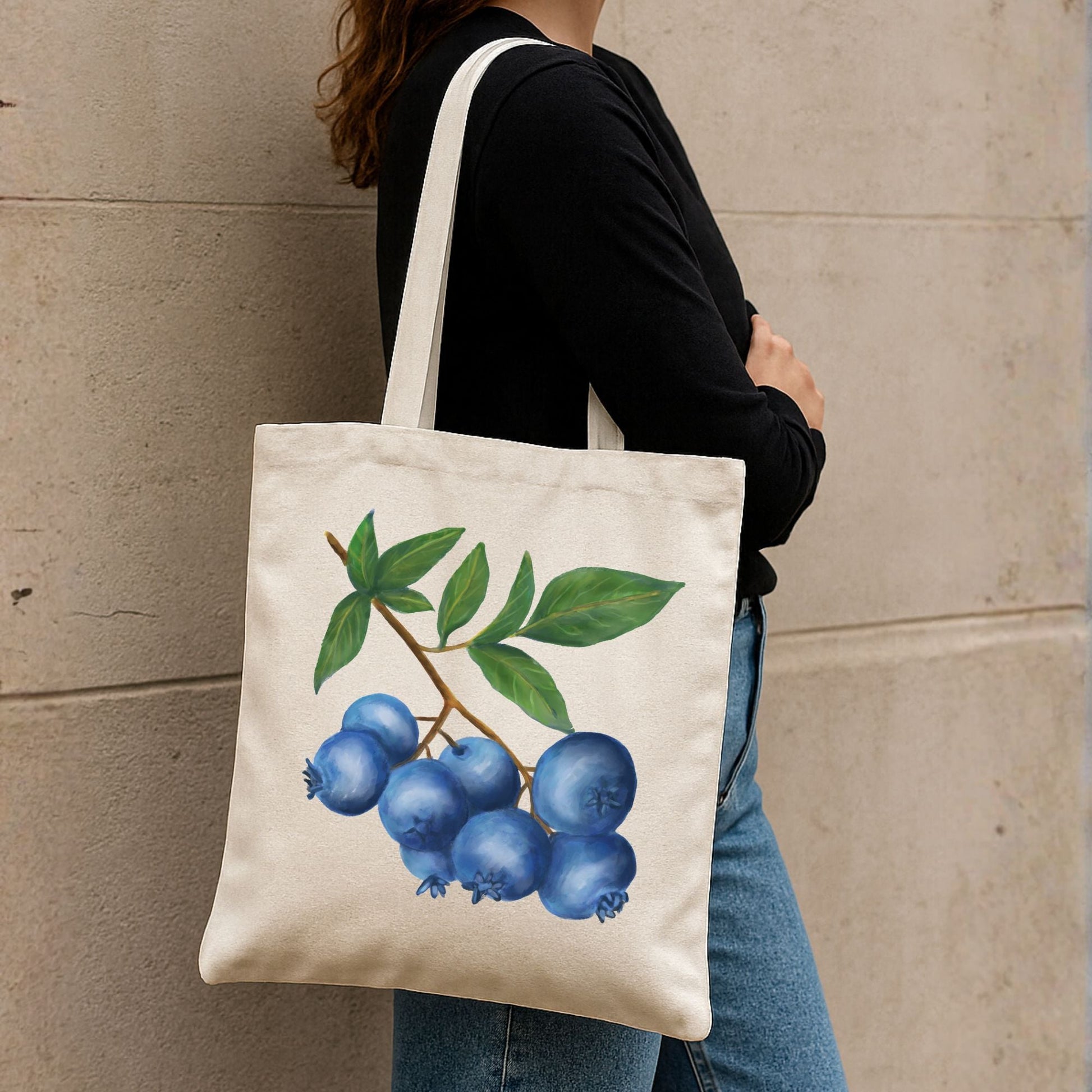 Canvas Tote Bag with Blueberry Artwork - MerikaArt