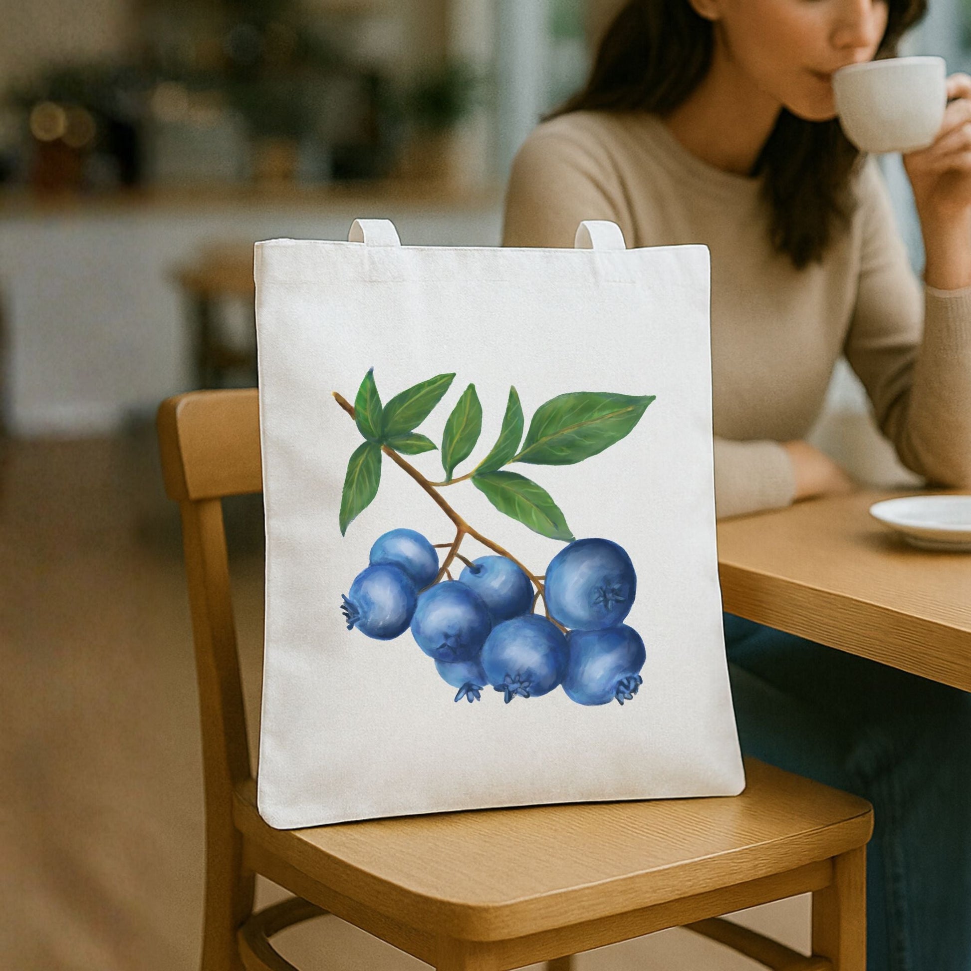 Canvas Tote Bag with Blueberry Artwork - MerikaArt
