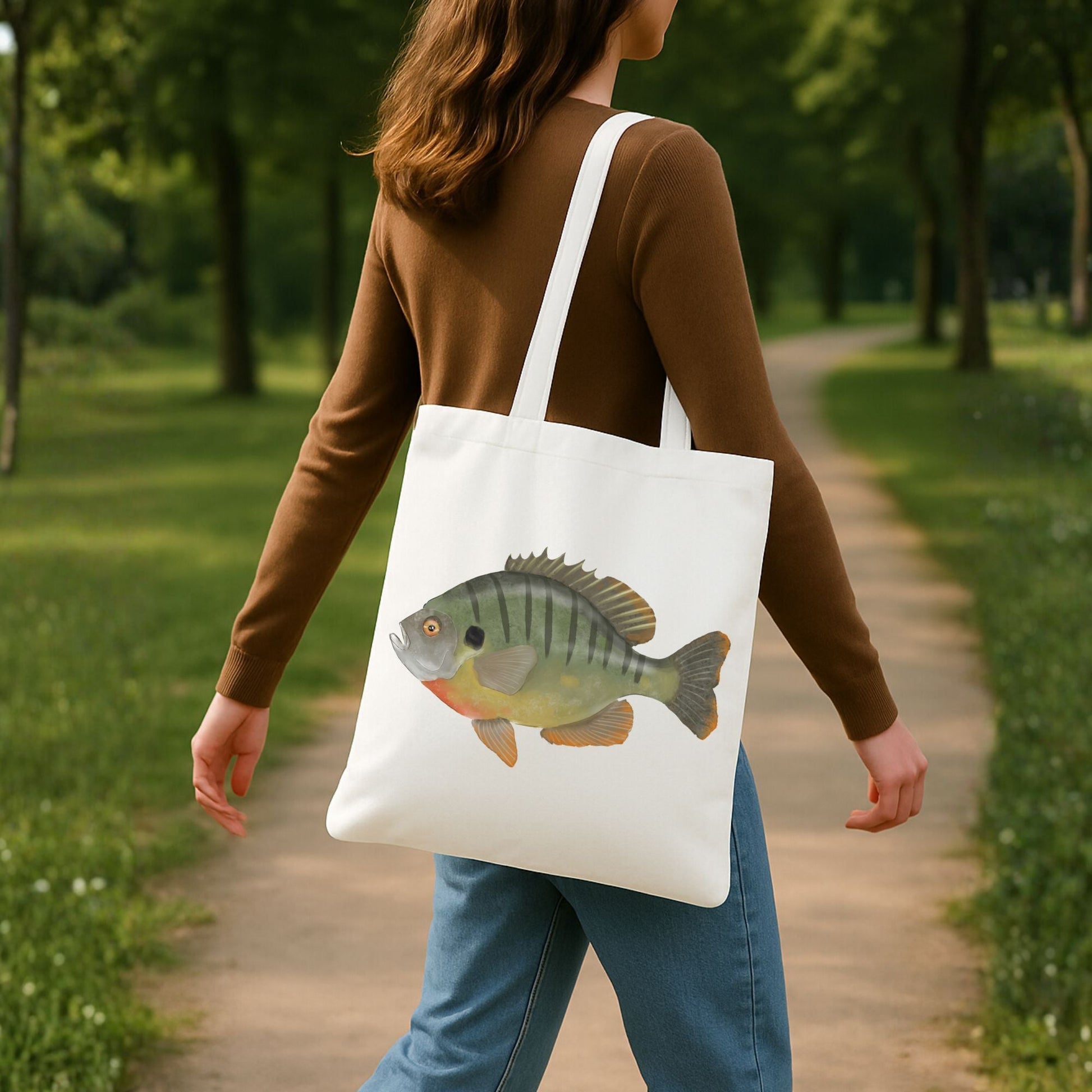 Canvas Tote Bag with Bluegill Fish Illustration - MerikaArt