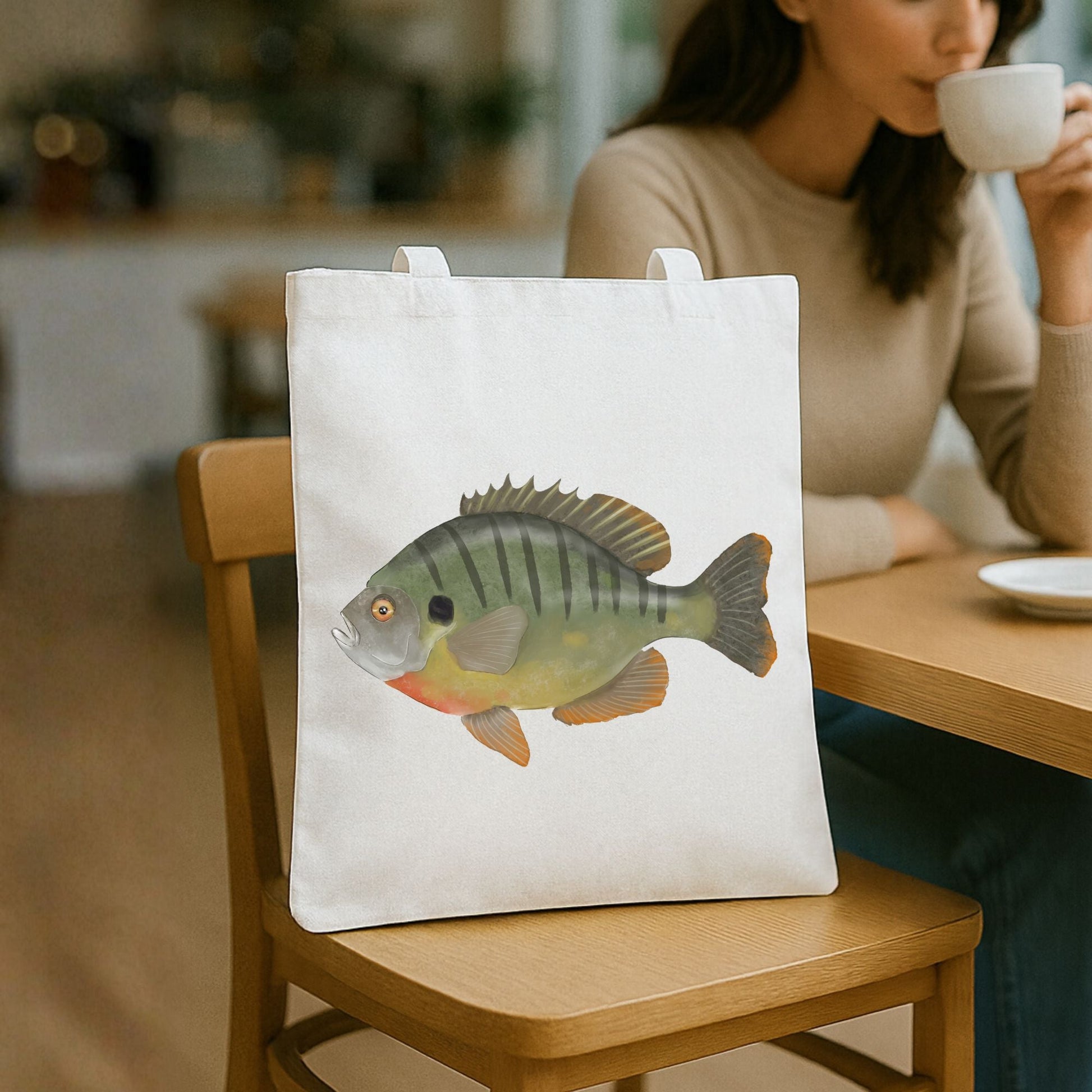 Canvas Tote Bag with Bluegill Fish Illustration - MerikaArt