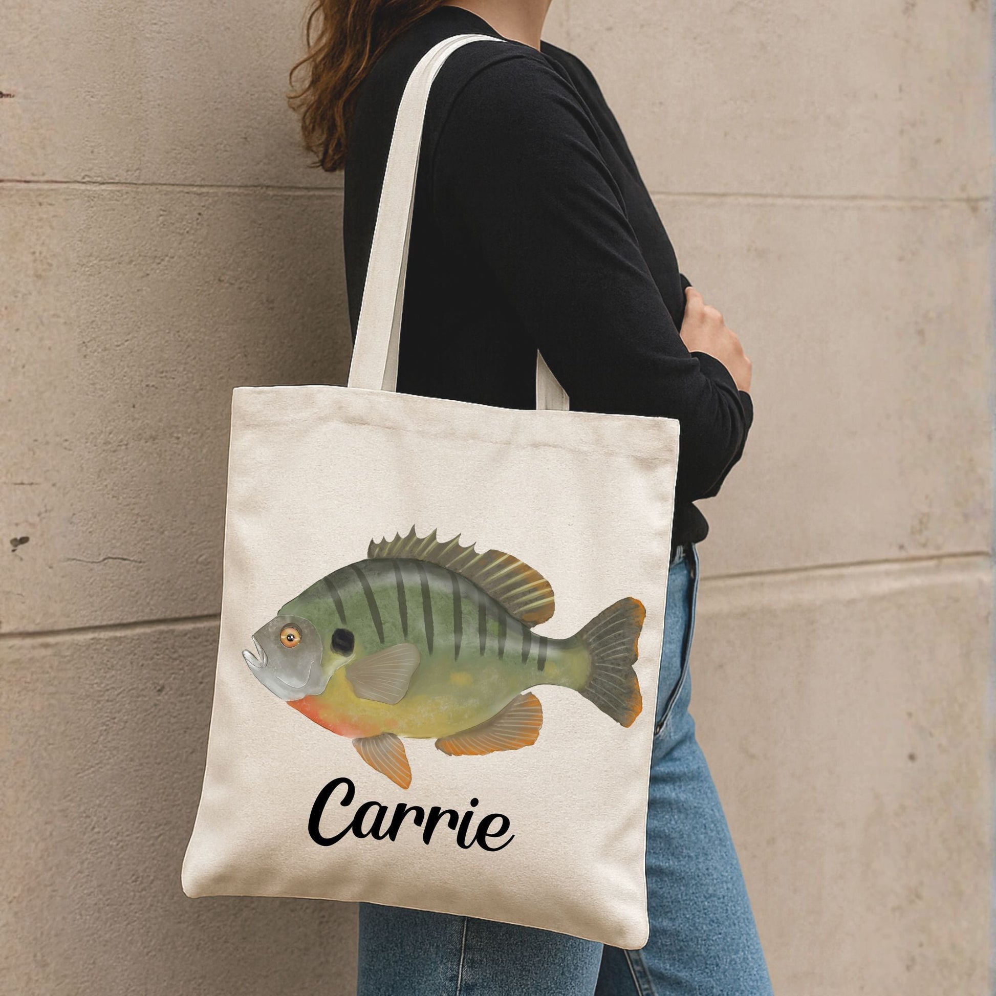 Canvas Tote Bag with Bluegill Fish Illustration - MerikaArt