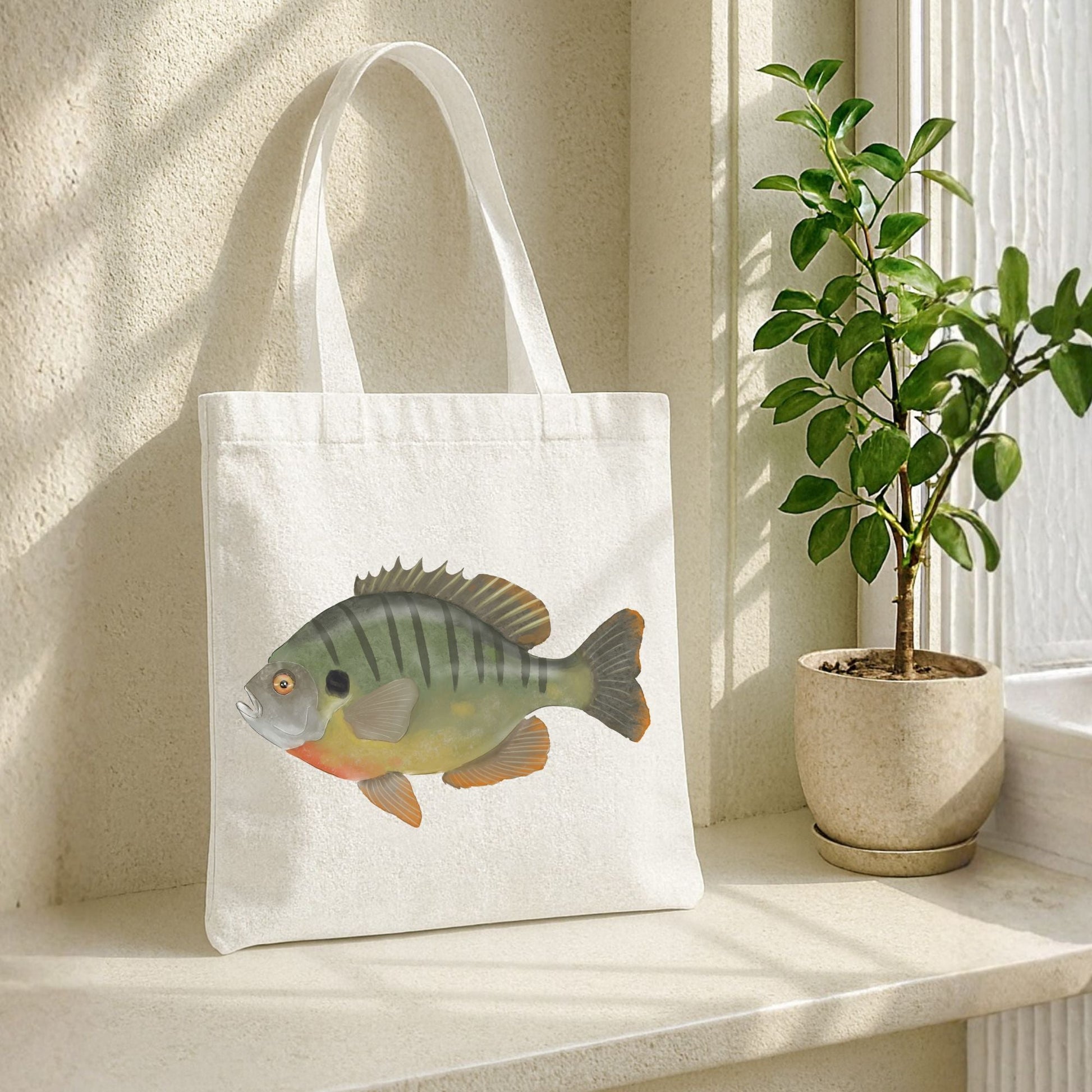 Canvas Tote Bag with Bluegill Fish Illustration - MerikaArt