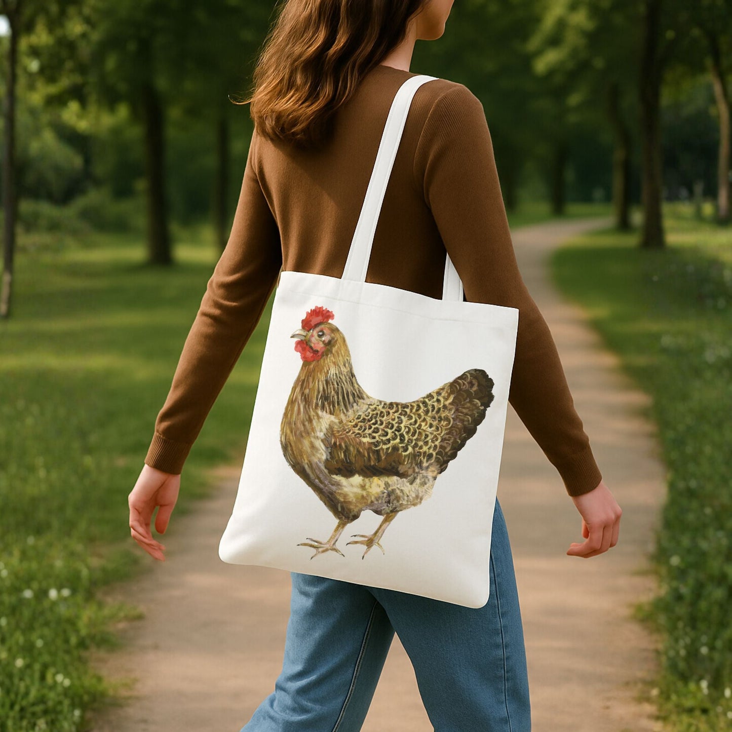 Canvas Tote Bag with Brown Hen Artwork - MerikaArt