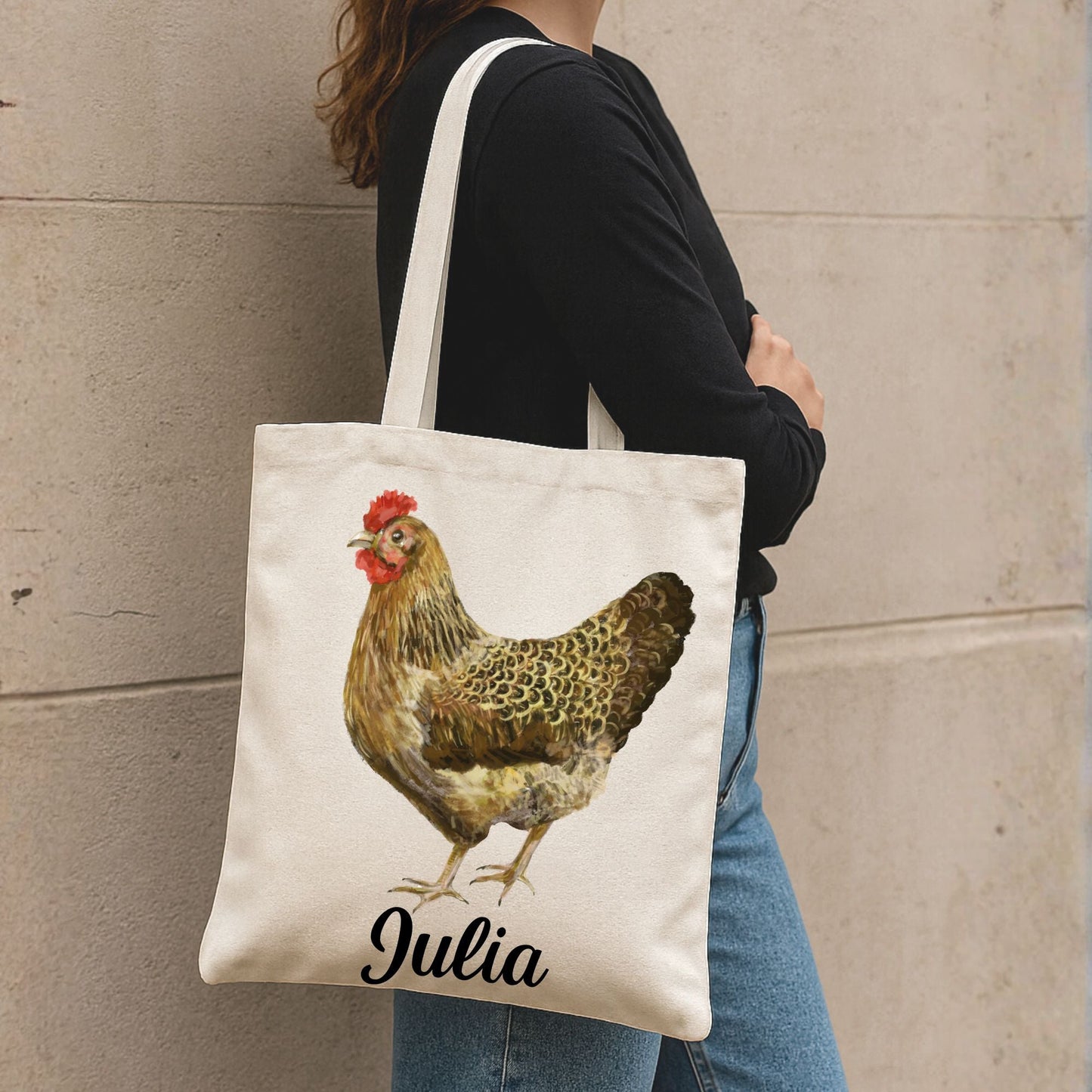 Canvas Tote Bag with Brown Hen Artwork - MerikaArt