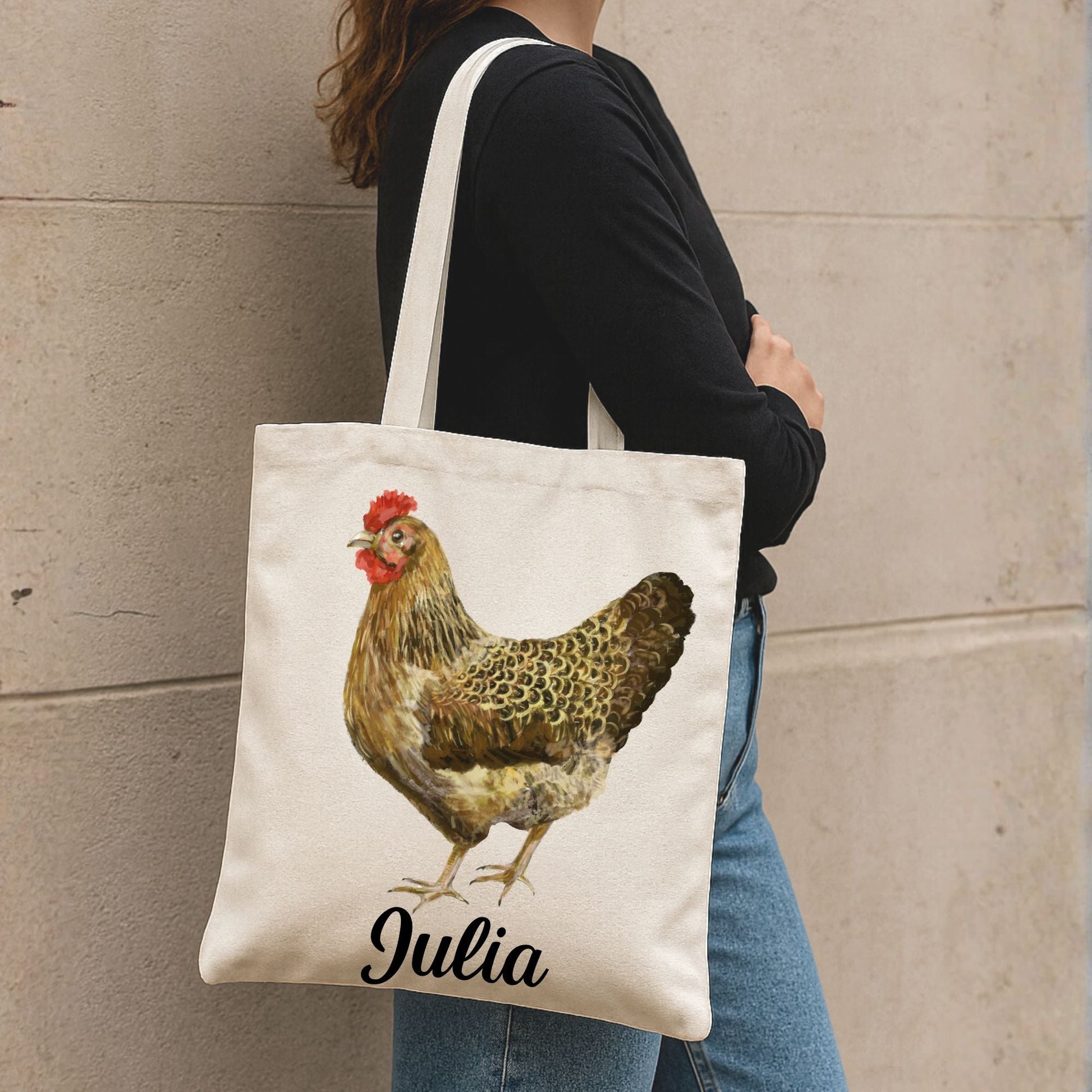 Canvas Tote Bag with Brown Hen Artwork - MerikaArt