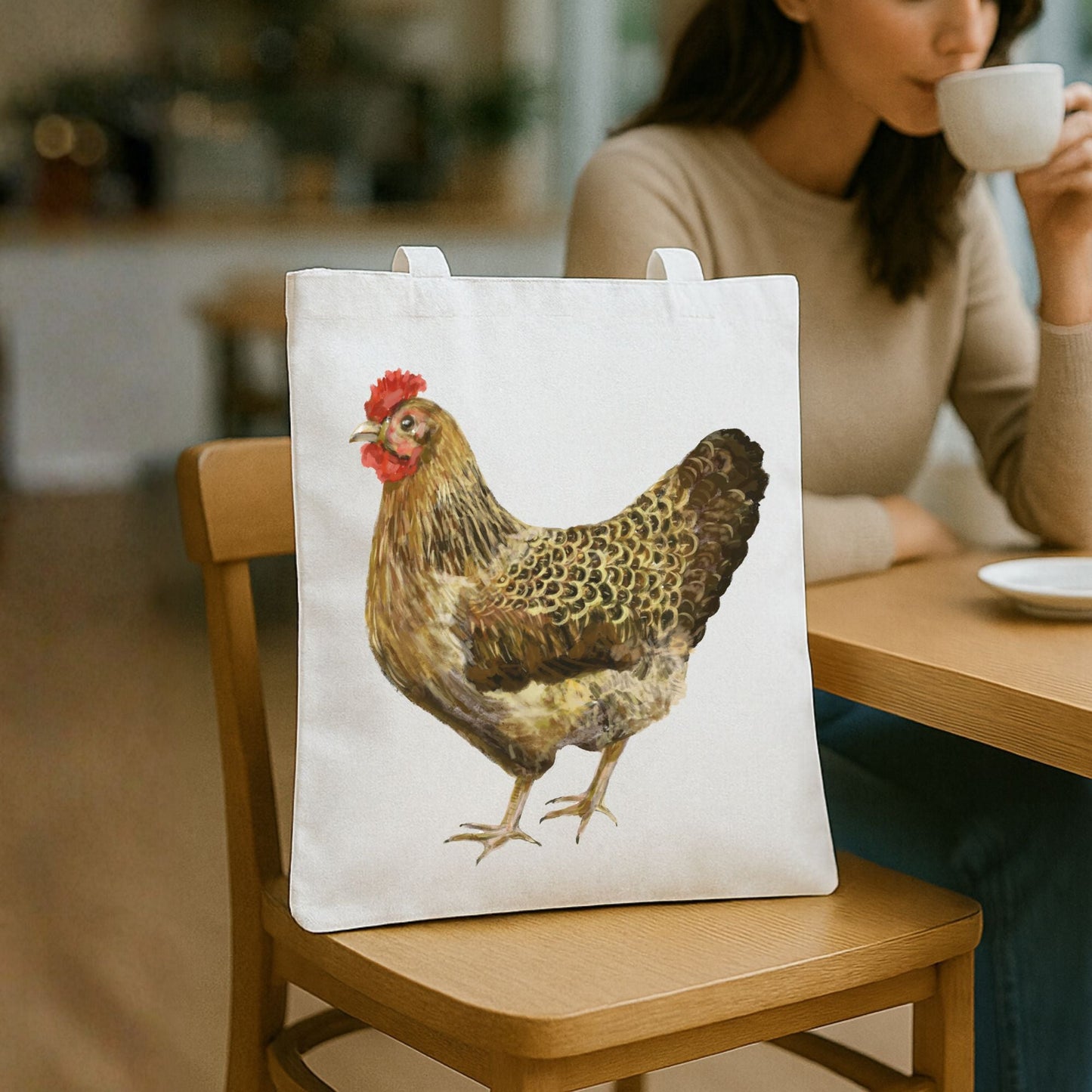 Canvas Tote Bag with Brown Hen Artwork - MerikaArt