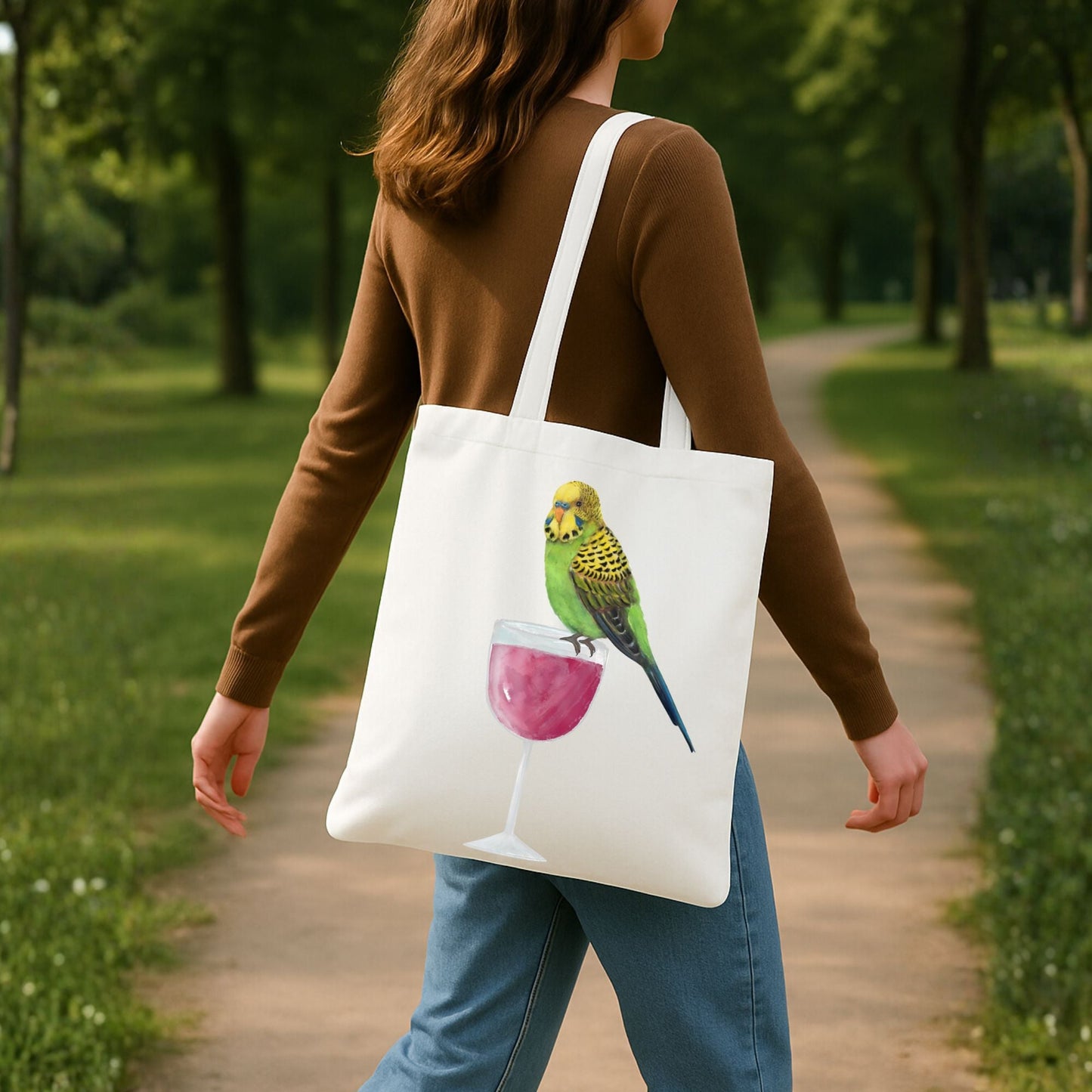 Canvas Tote Bag with Budgerigar Illustration - MerikaArt