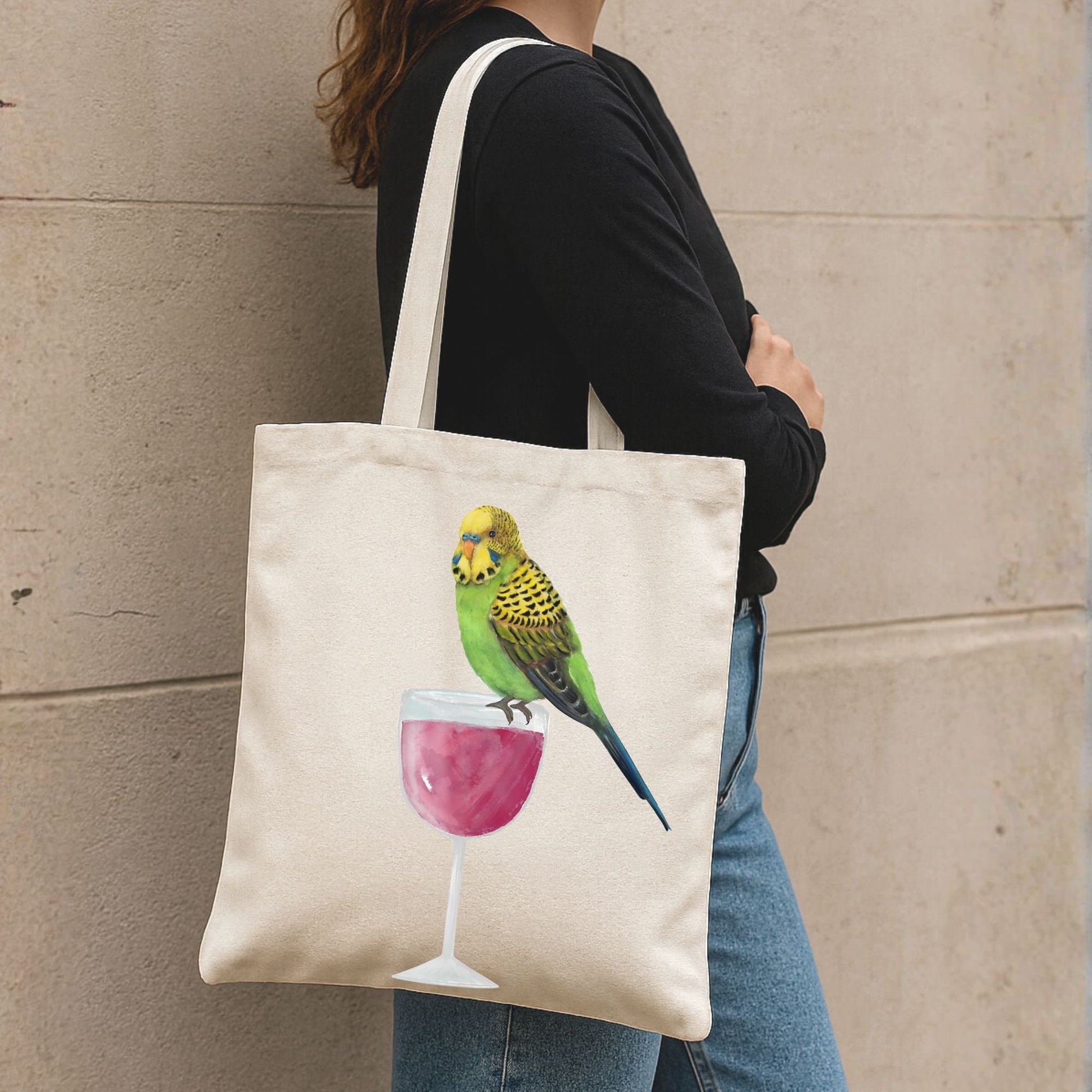 Canvas Tote Bag with Budgerigar Illustration - MerikaArt