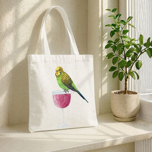 Canvas Tote Bag with Budgerigar Illustration - MerikaArt