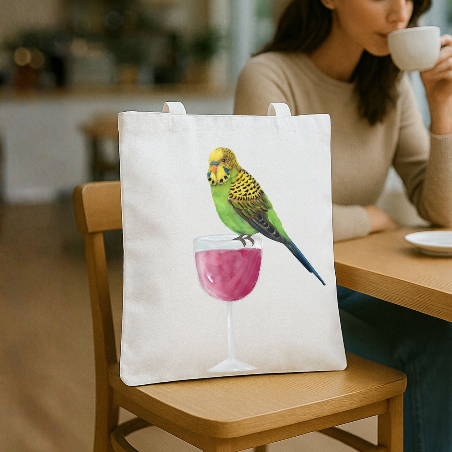 Canvas Tote Bag with Budgerigar Illustration - MerikaArt
