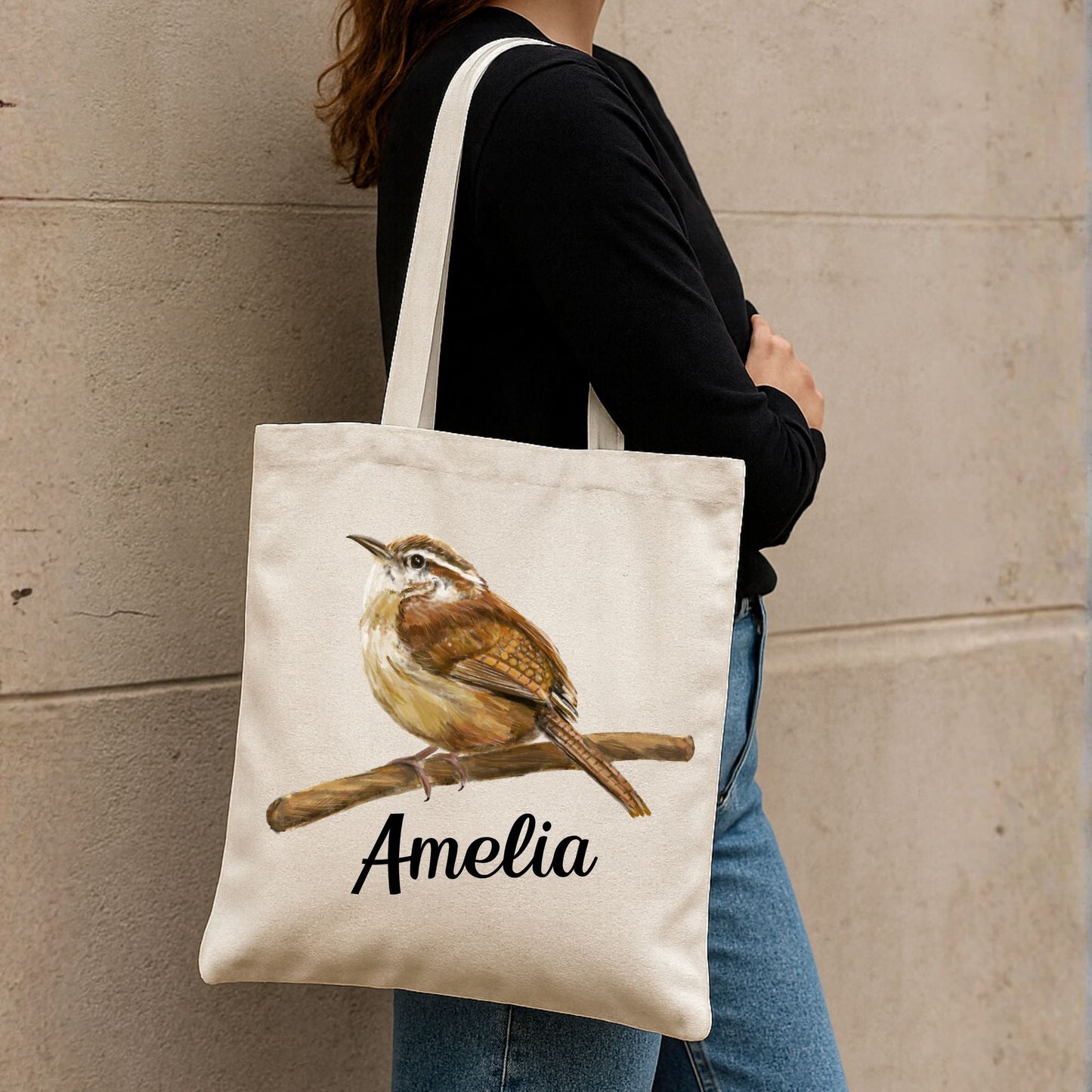 Canvas Tote Bag with Carolina Wren Artwork - MerikaArt