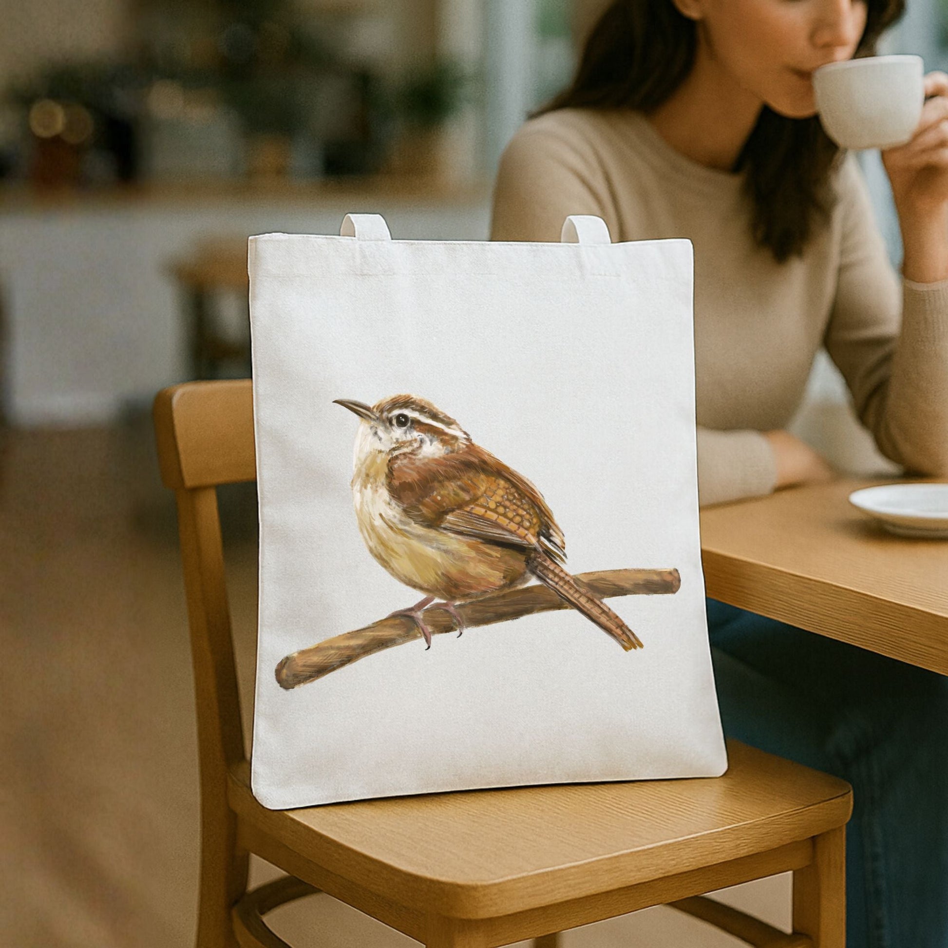 Canvas Tote Bag with Carolina Wren Artwork - MerikaArt