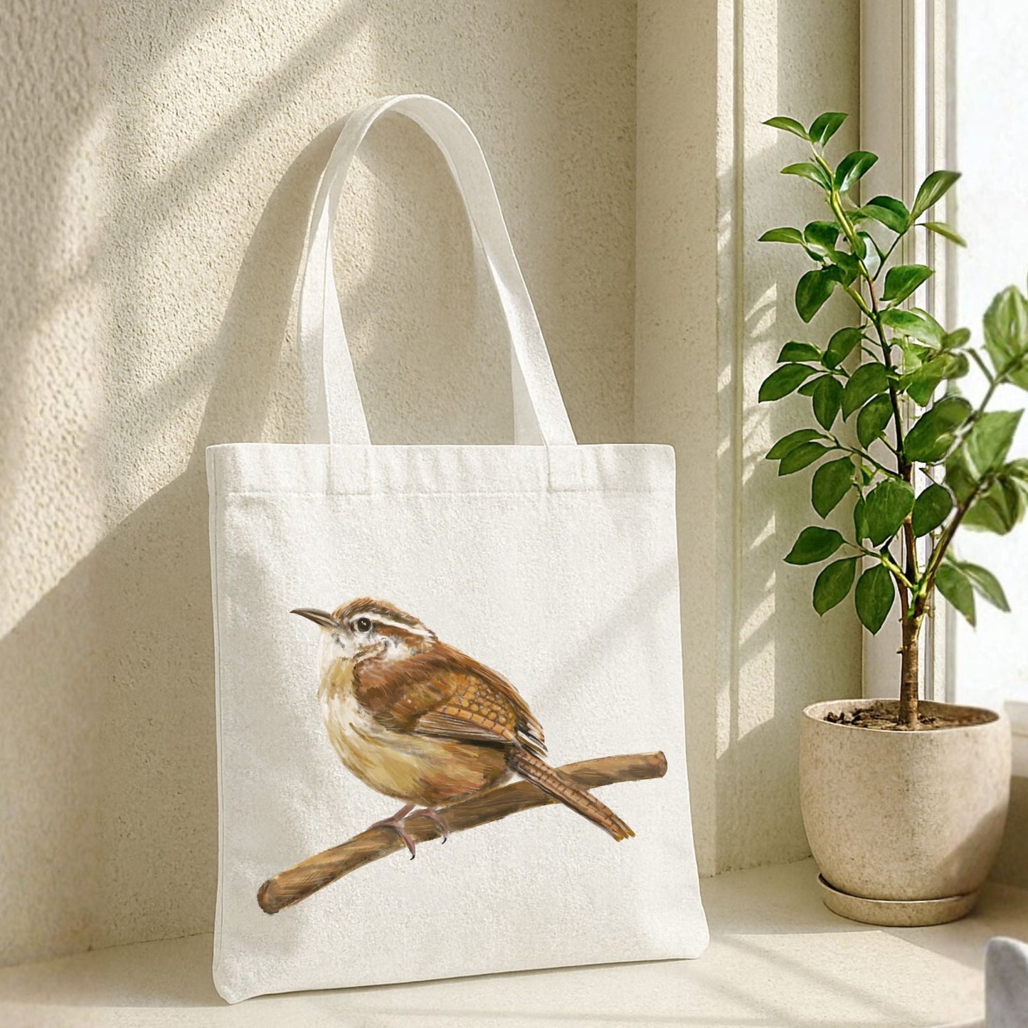 Canvas Tote Bag with Carolina Wren Artwork - MerikaArt