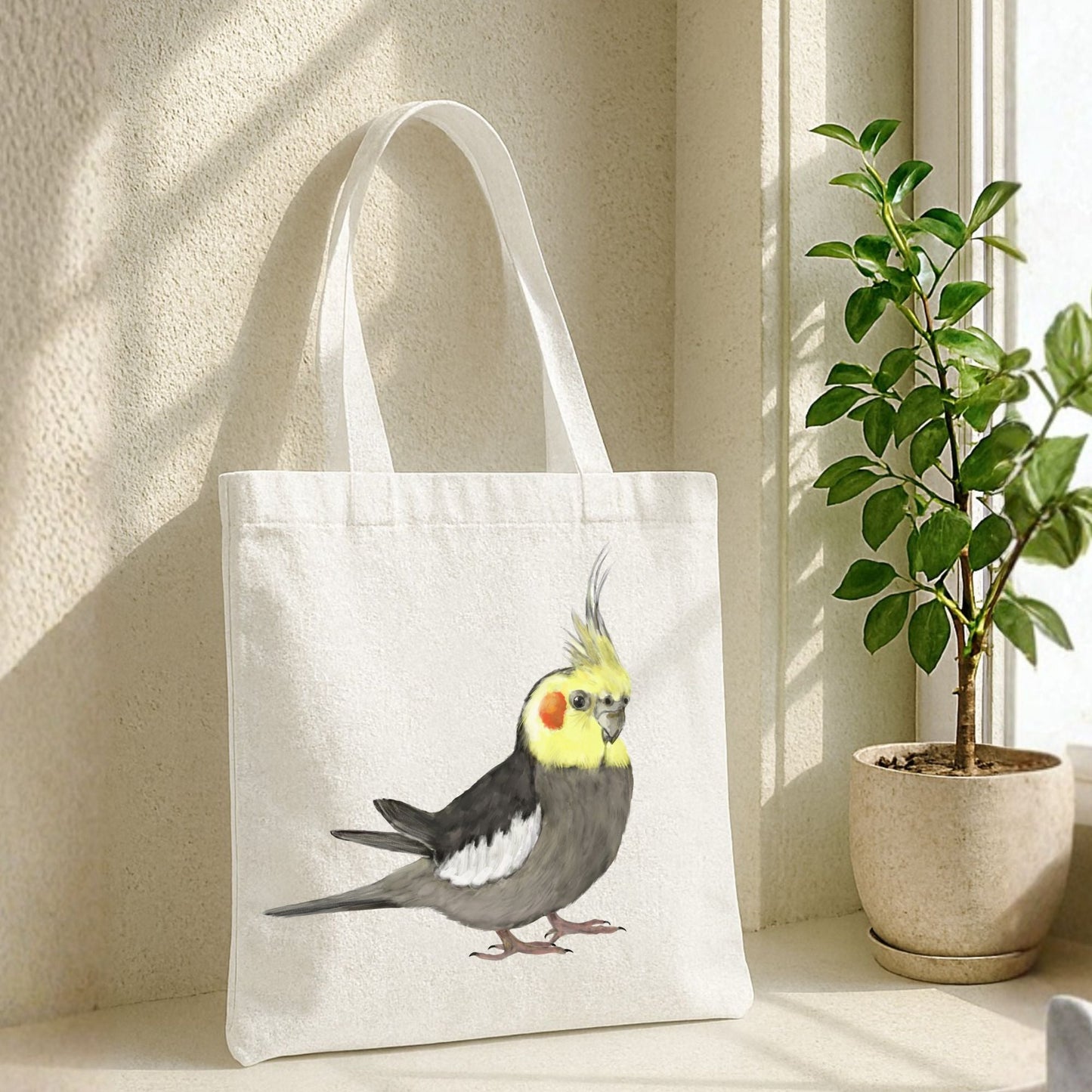 Canvas Tote Bag with Cockatiel Artwork - MerikaArt