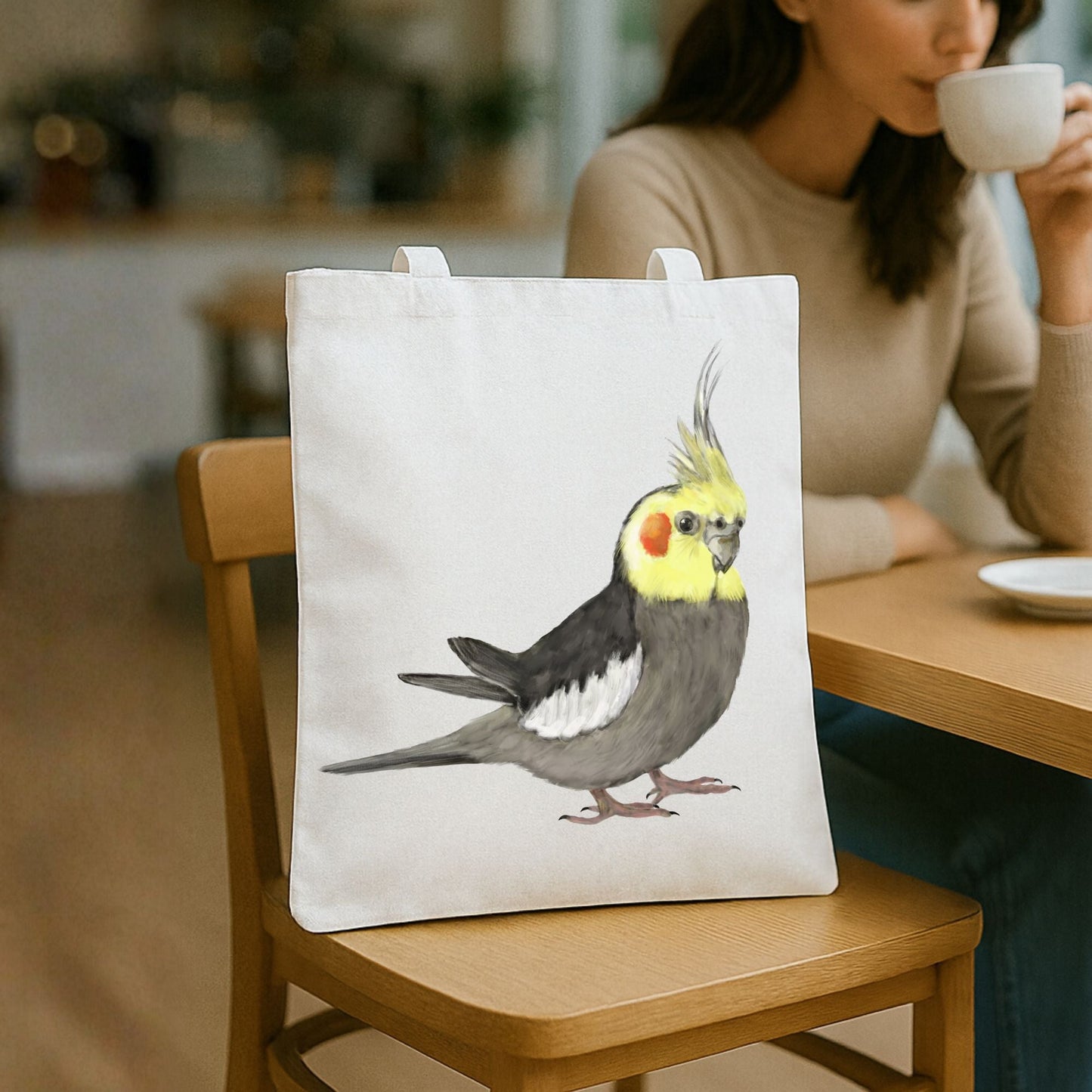 Canvas Tote Bag with Cockatiel Artwork - MerikaArt