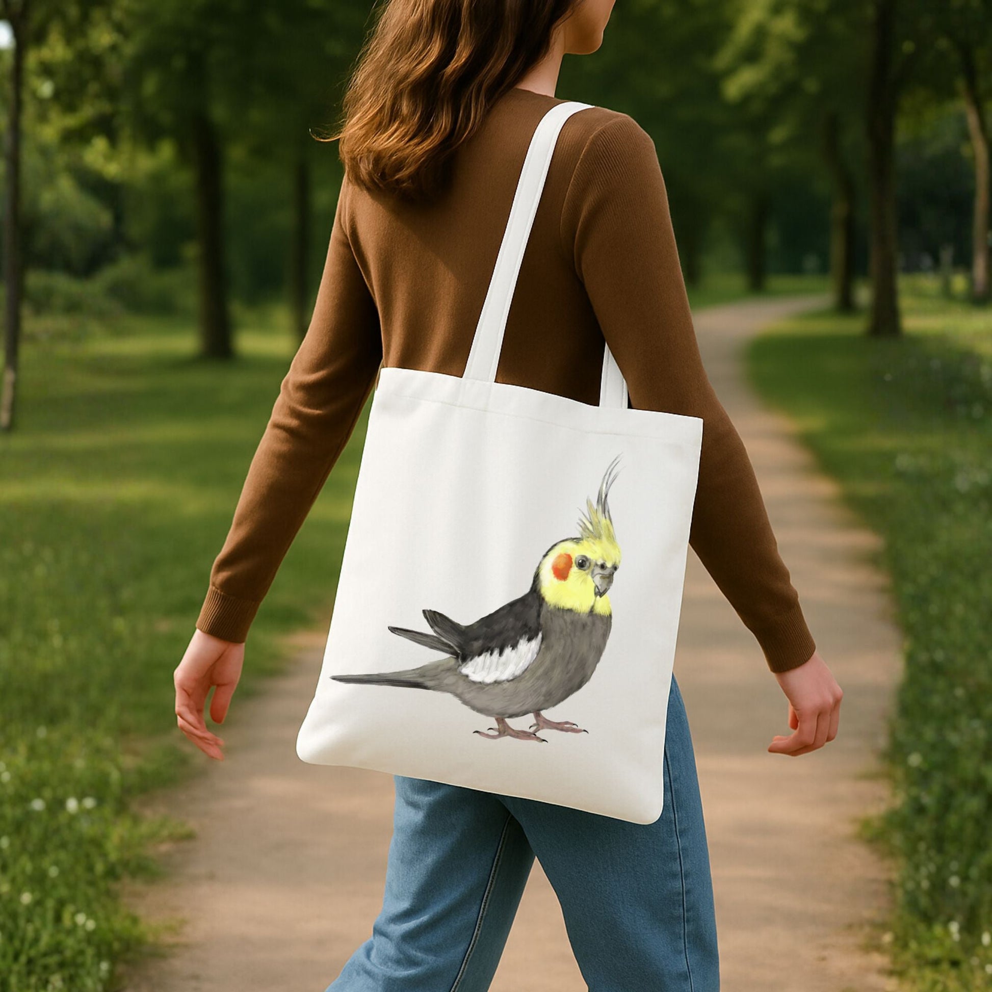 Canvas Tote Bag with Cockatiel Artwork - MerikaArt
