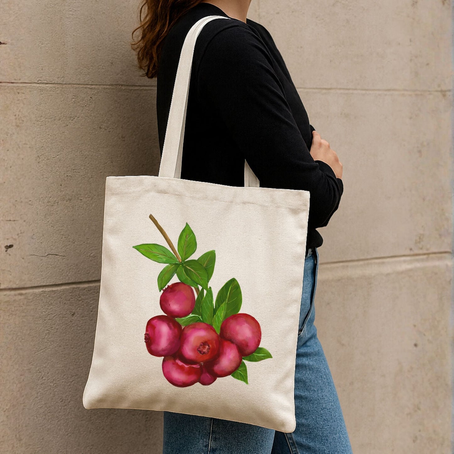 Canvas Tote Bag with Cranberry Artwork - MerikaArt
