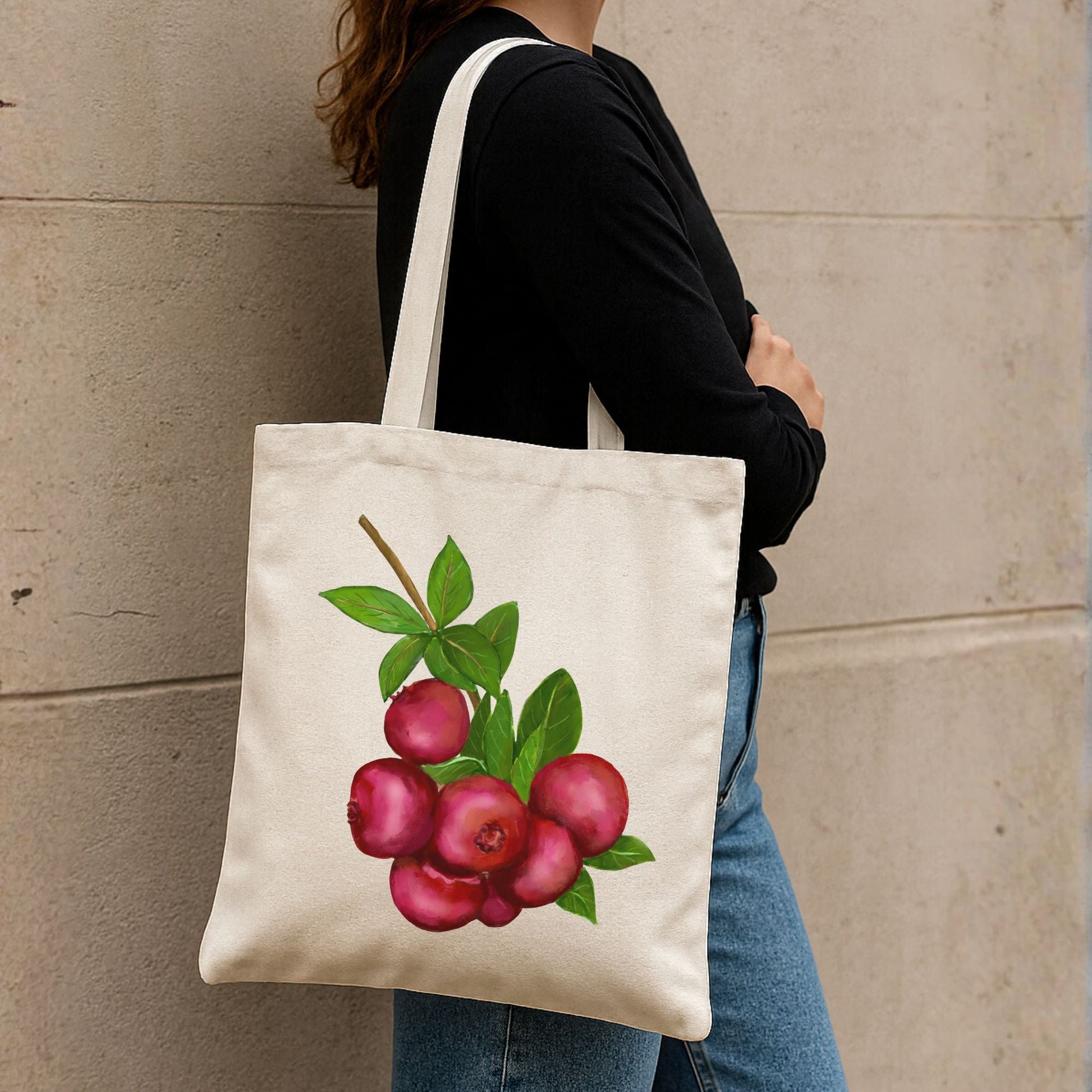 Canvas Tote Bag with Cranberry Artwork - MerikaArt
