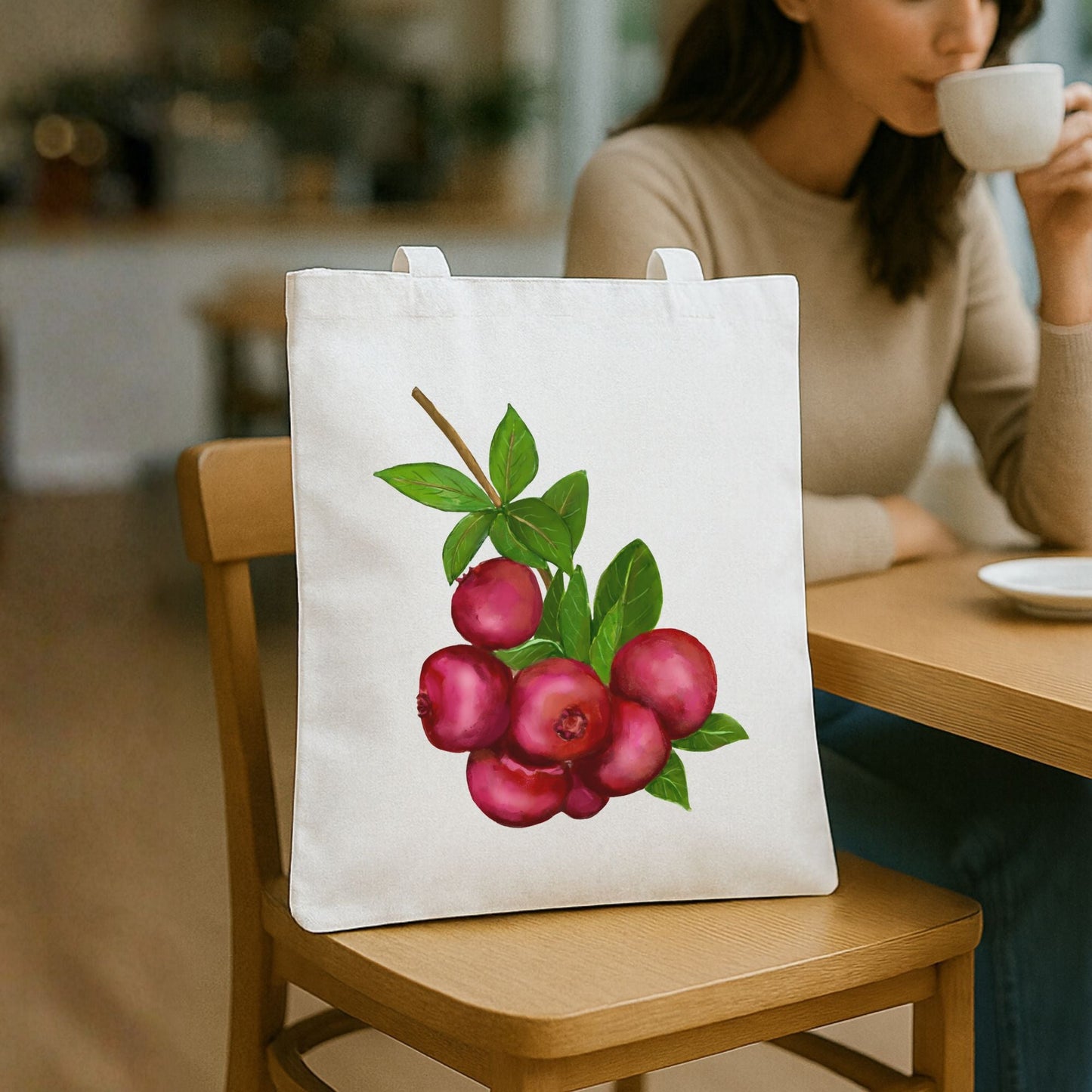 Canvas Tote Bag with Cranberry Artwork - MerikaArt