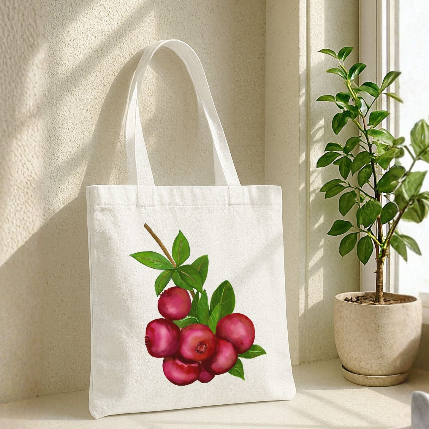 Canvas Tote Bag with Cranberry Artwork - MerikaArt