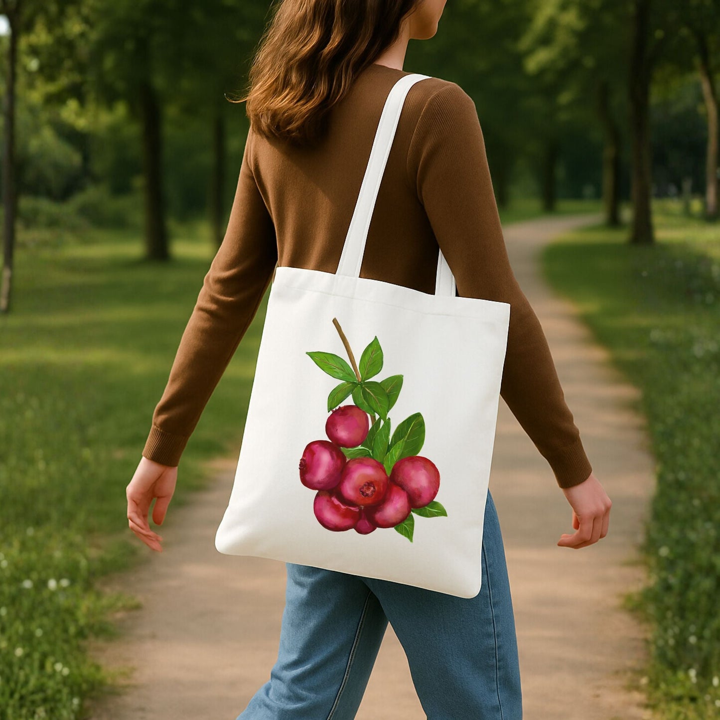 Canvas Tote Bag with Cranberry Artwork - MerikaArt