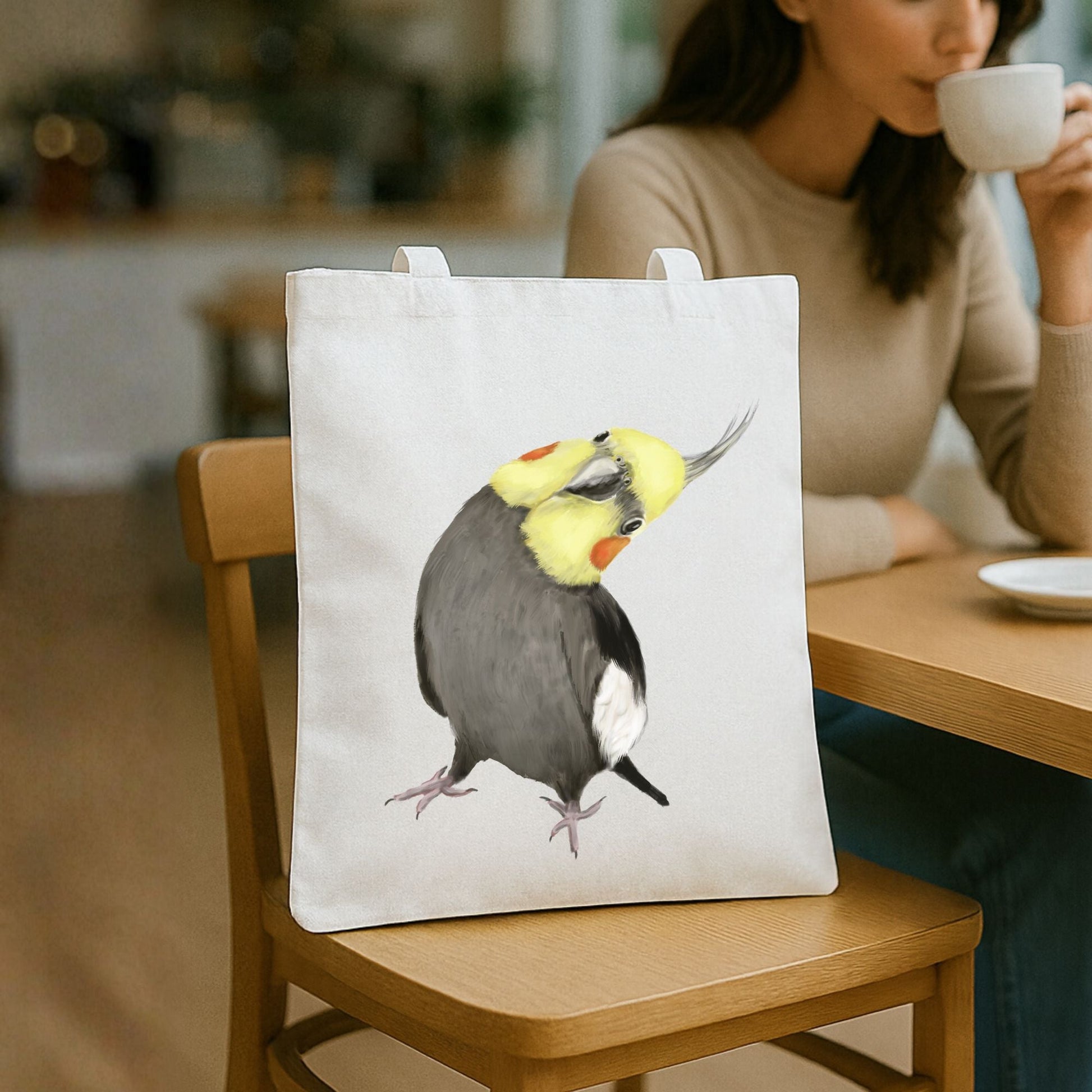 Canvas Tote Bag with Cute Cockatiel Artwork - MerikaArt