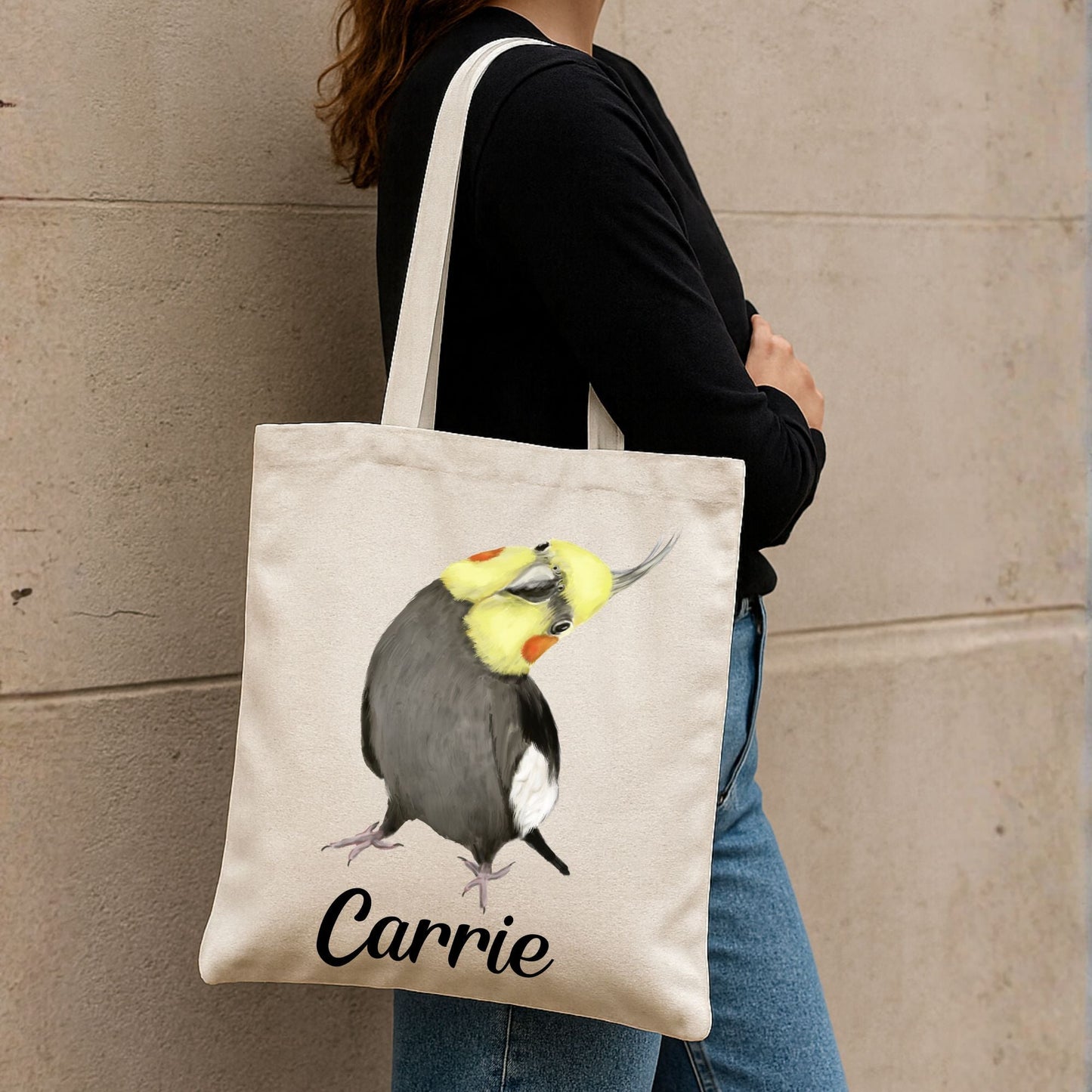 Canvas Tote Bag with Cute Cockatiel Artwork - MerikaArt