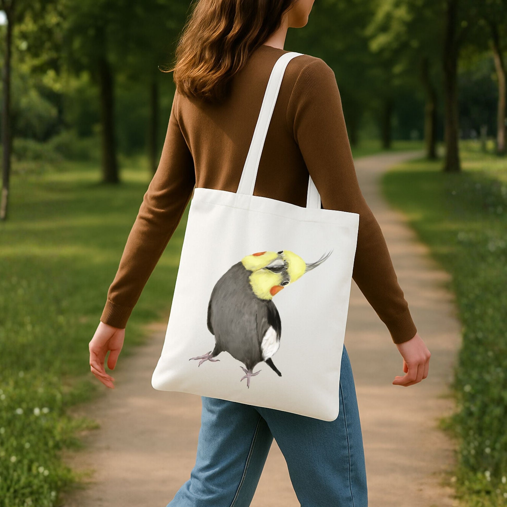 Canvas Tote Bag with Cute Cockatiel Artwork - MerikaArt