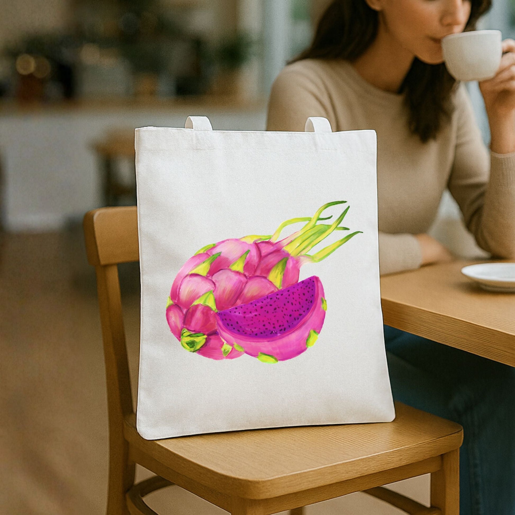 Canvas Tote Bag with Dragon Fruit Artwork - MerikaArt