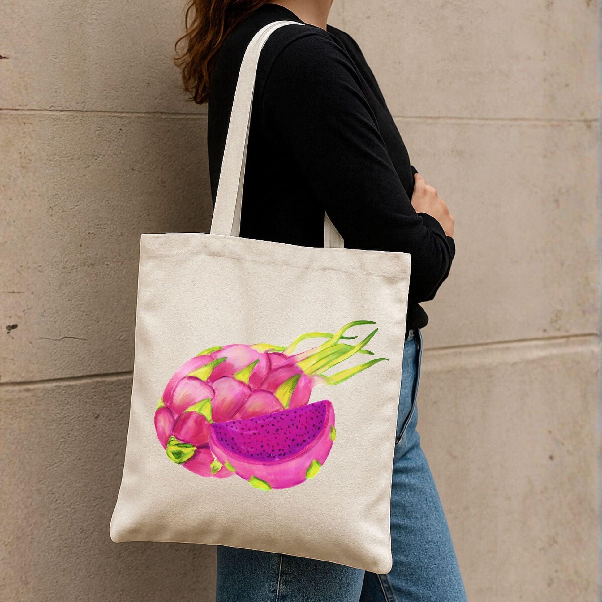 Canvas Tote Bag with Dragon Fruit Artwork - MerikaArt