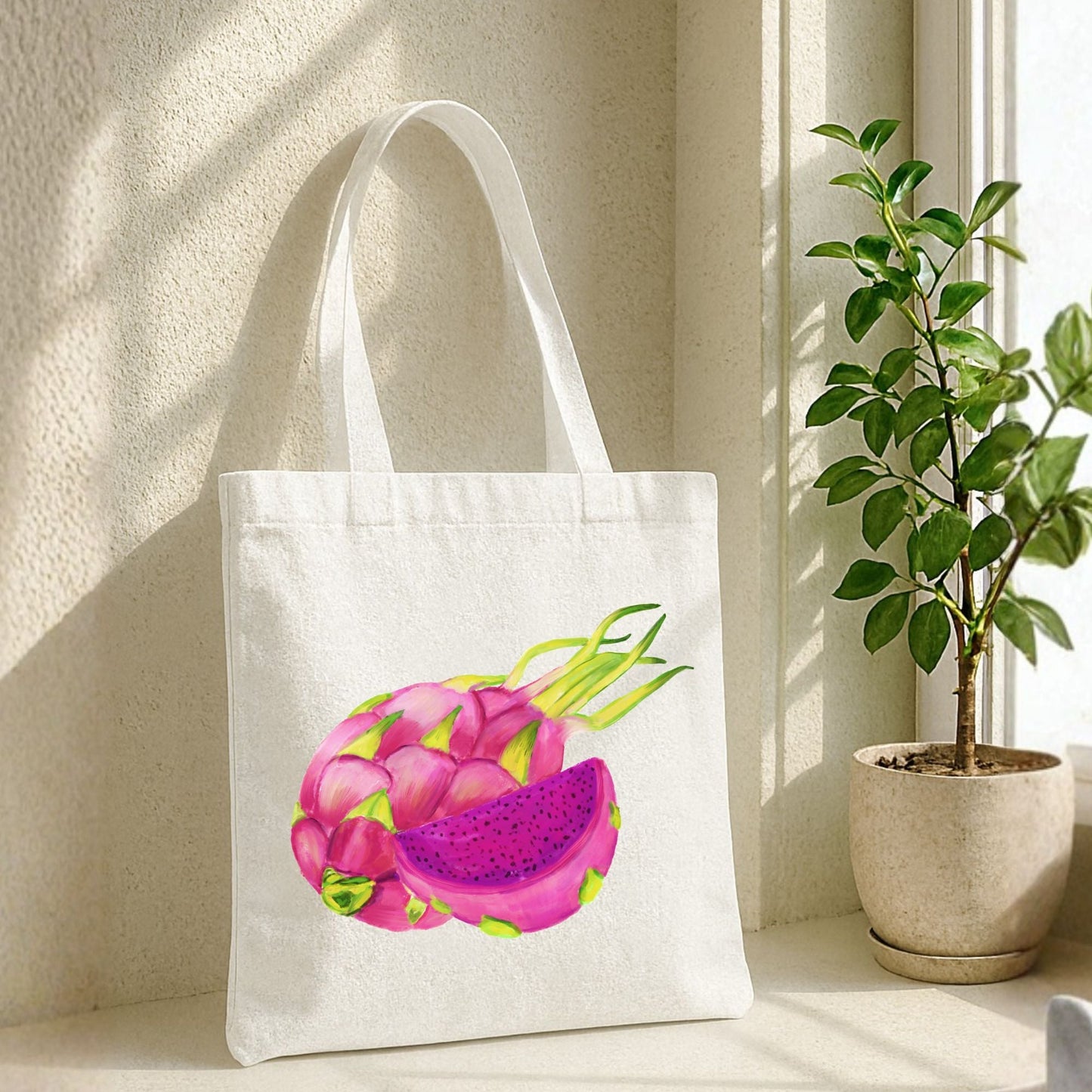 Canvas Tote Bag with Dragon Fruit Artwork - MerikaArt