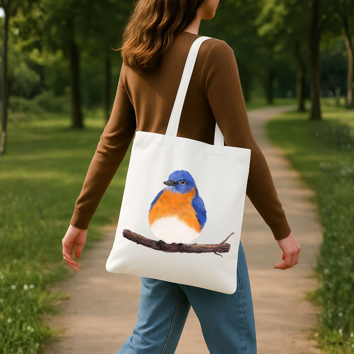Canvas Tote Bag with Eastern Bluebird Artwork - MerikaArt