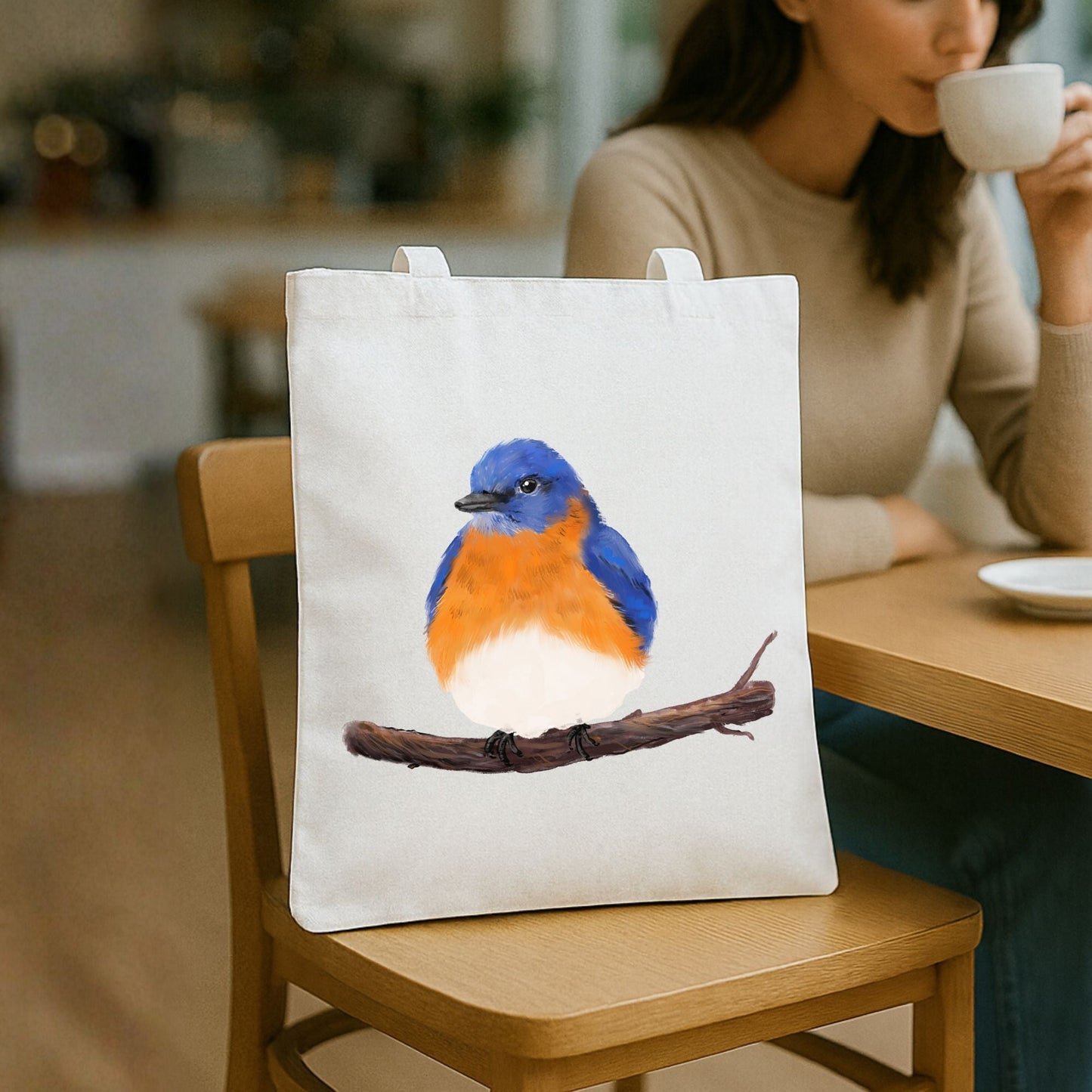 Canvas Tote Bag with Eastern Bluebird Artwork - MerikaArt