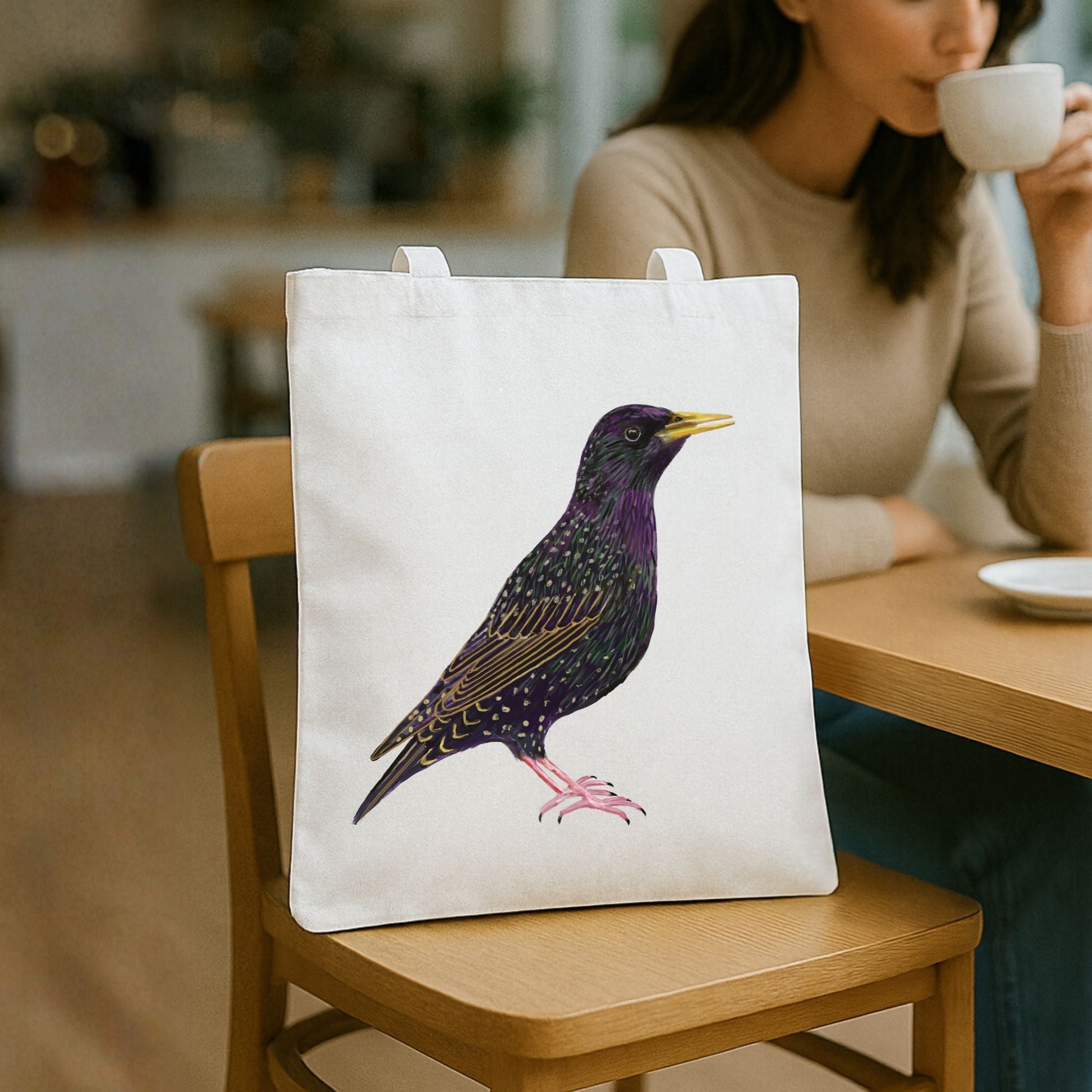 Canvas Tote Bag with European Starling Artwork - MerikaArt