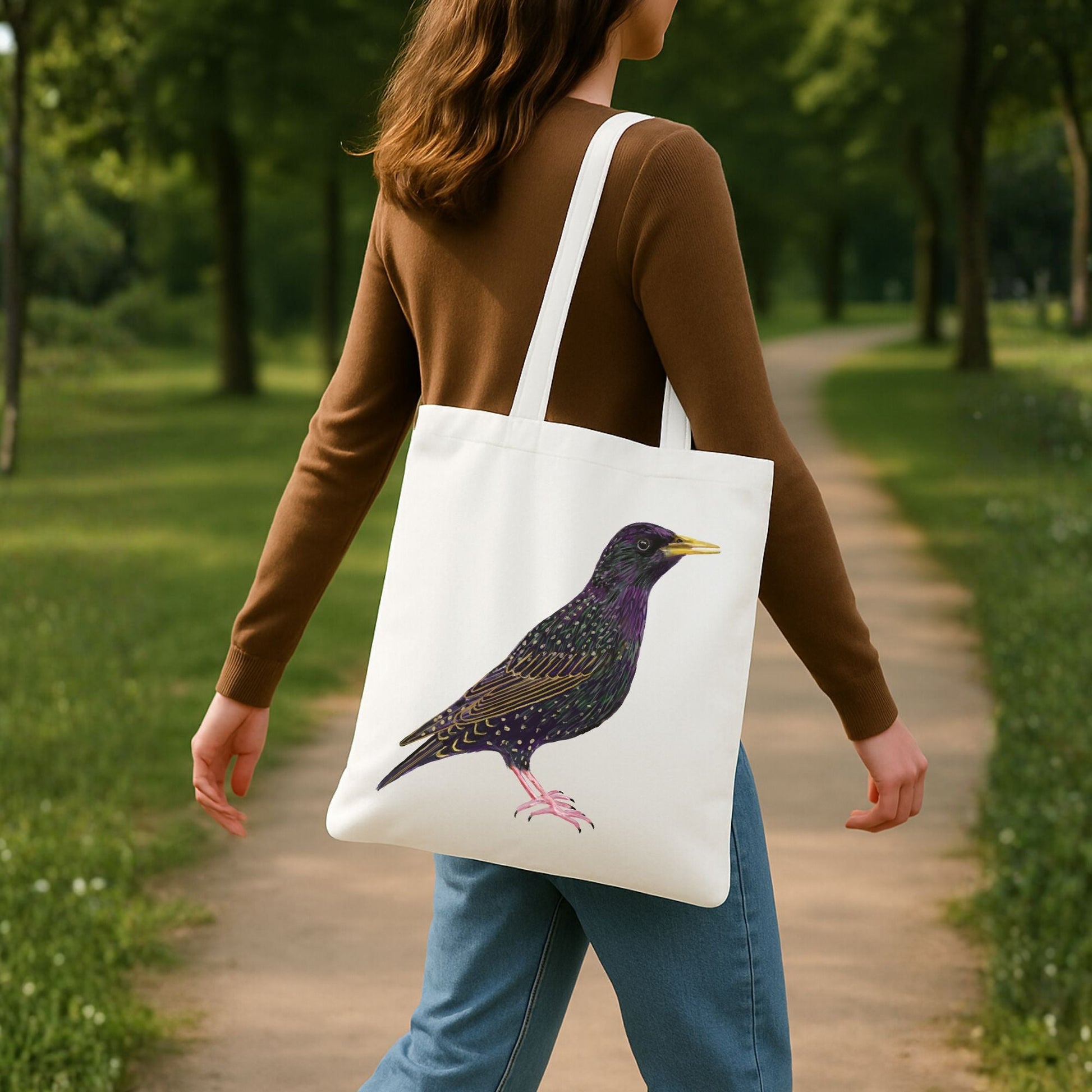 Canvas Tote Bag with European Starling Artwork - MerikaArt