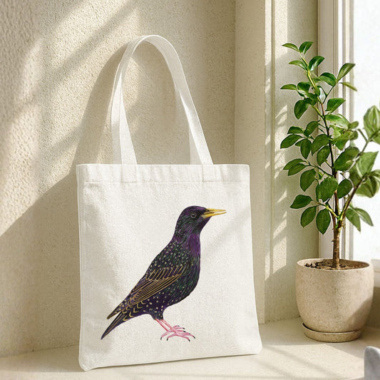 Canvas Tote Bag with European Starling Artwork - MerikaArt