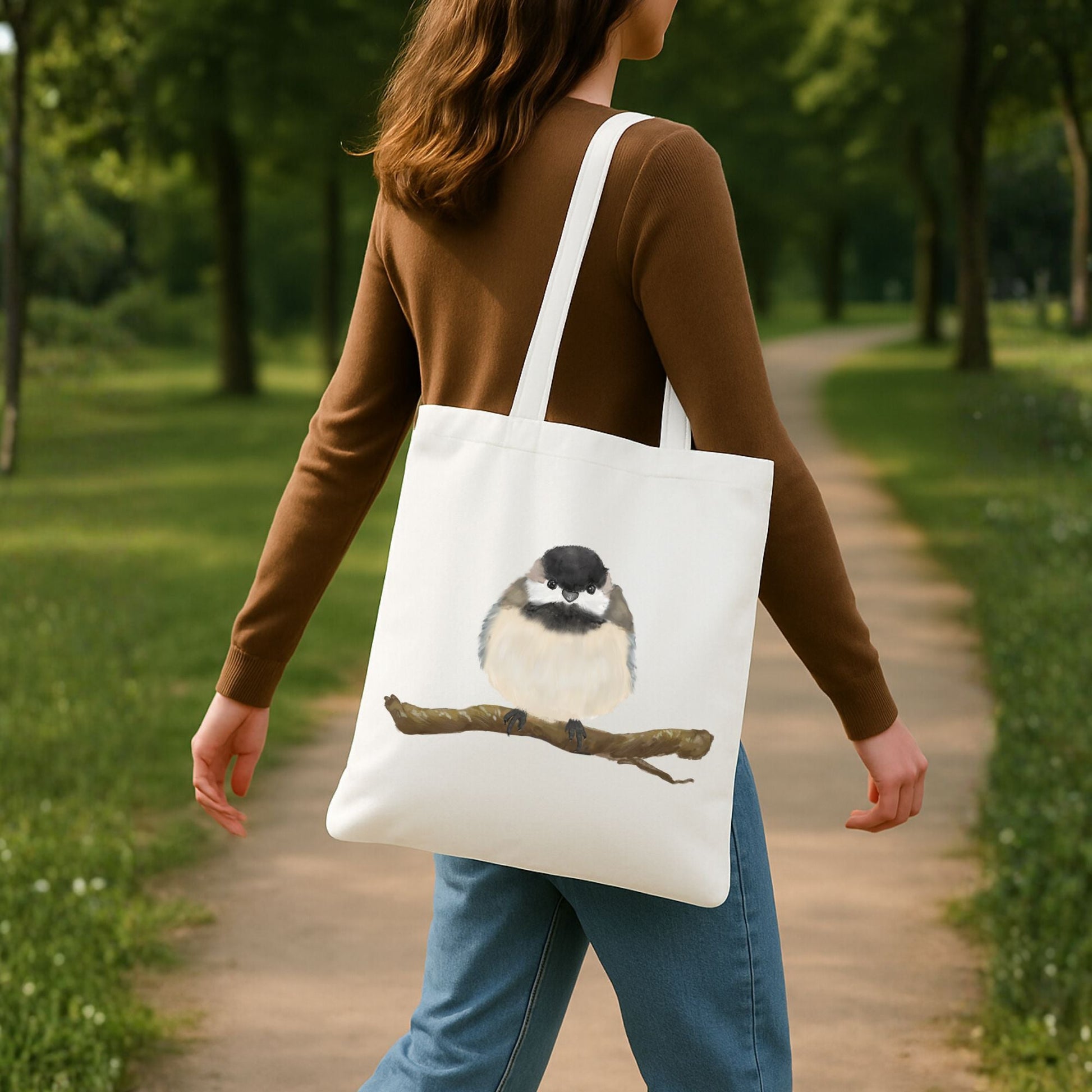 Canvas Tote Bag with Fluffy Chickadee Artwork - MerikaArt