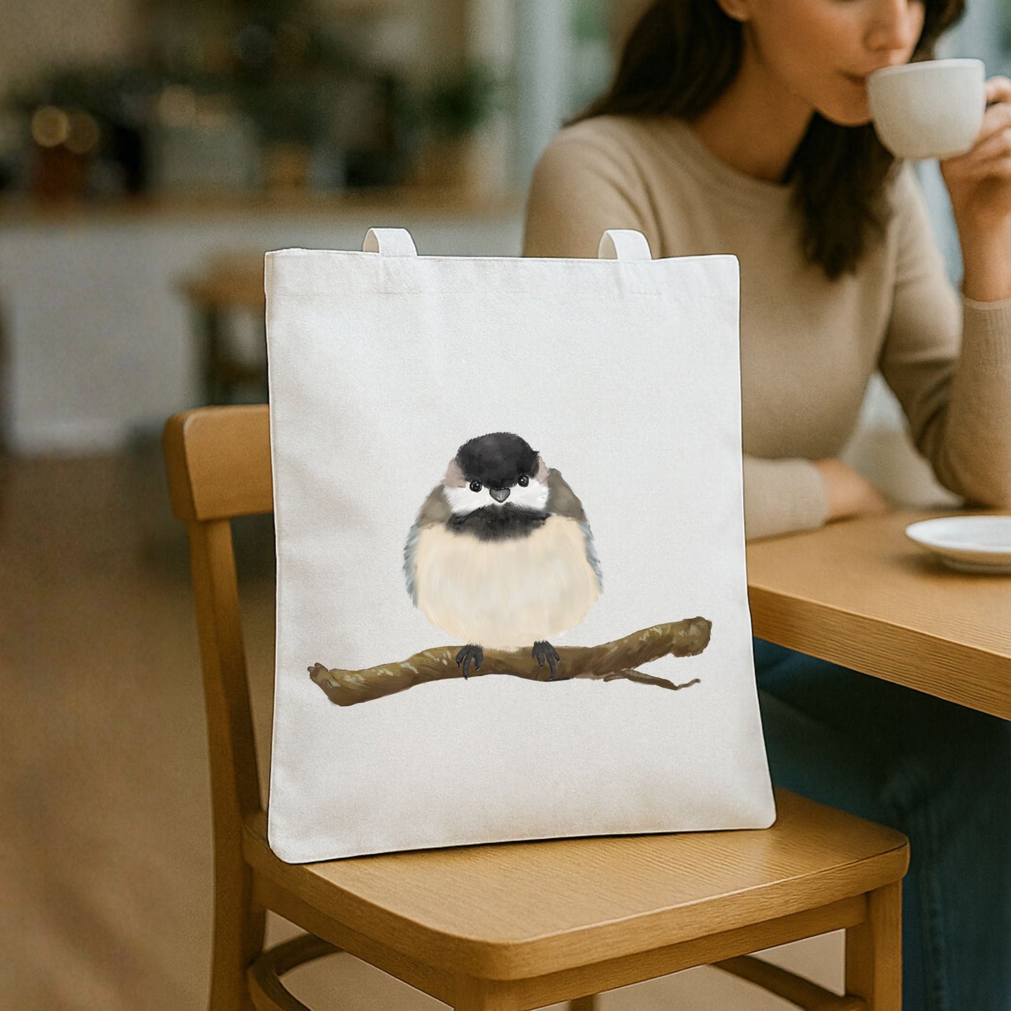 Canvas Tote Bag with Fluffy Chickadee Artwork - MerikaArt