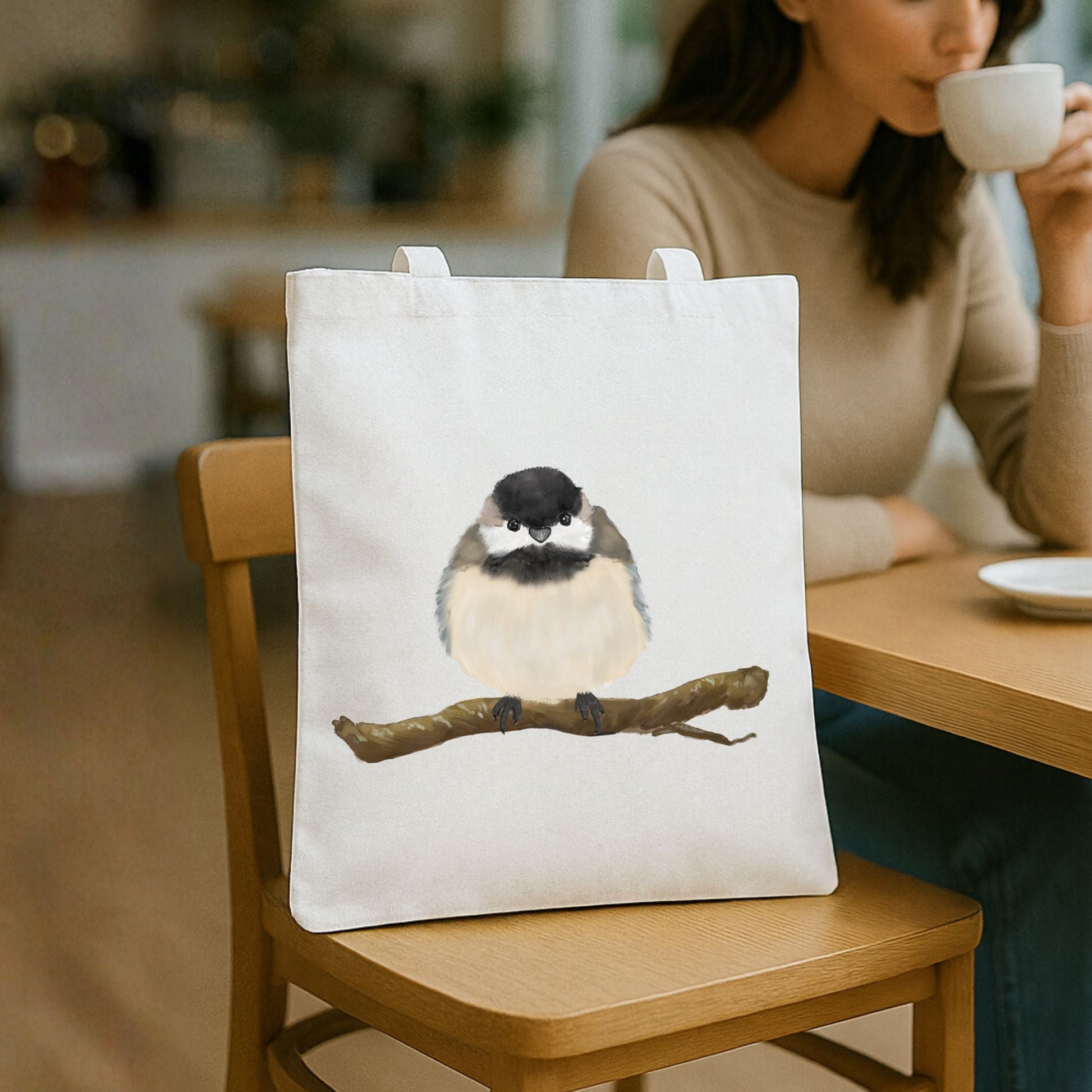 Canvas Tote Bag with Fluffy Chickadee Artwork - MerikaArt