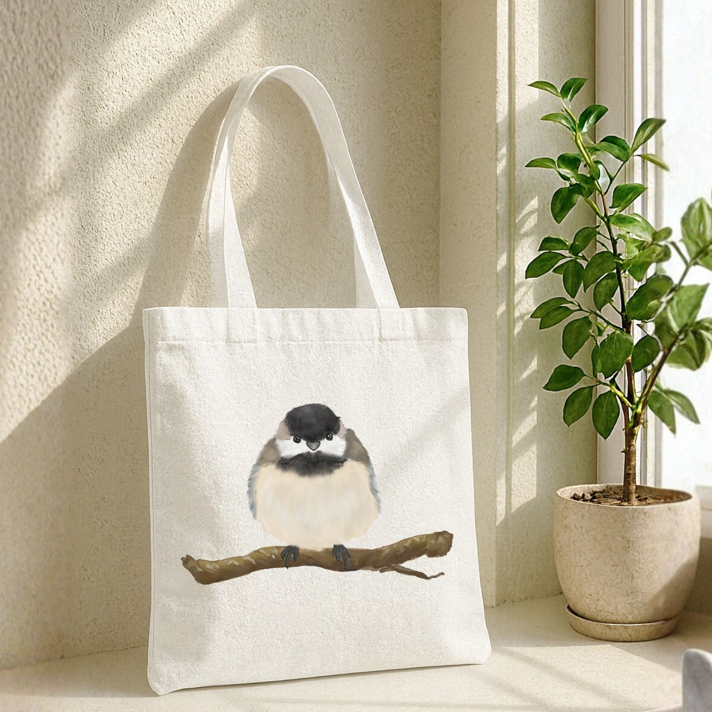 Canvas Tote Bag with Fluffy Chickadee Artwork - MerikaArt