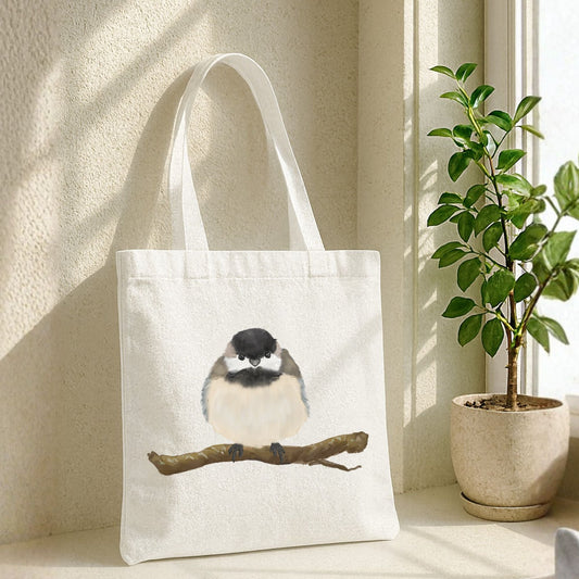 Canvas Tote Bag with Fluffy Chickadee Artwork - MerikaArt
