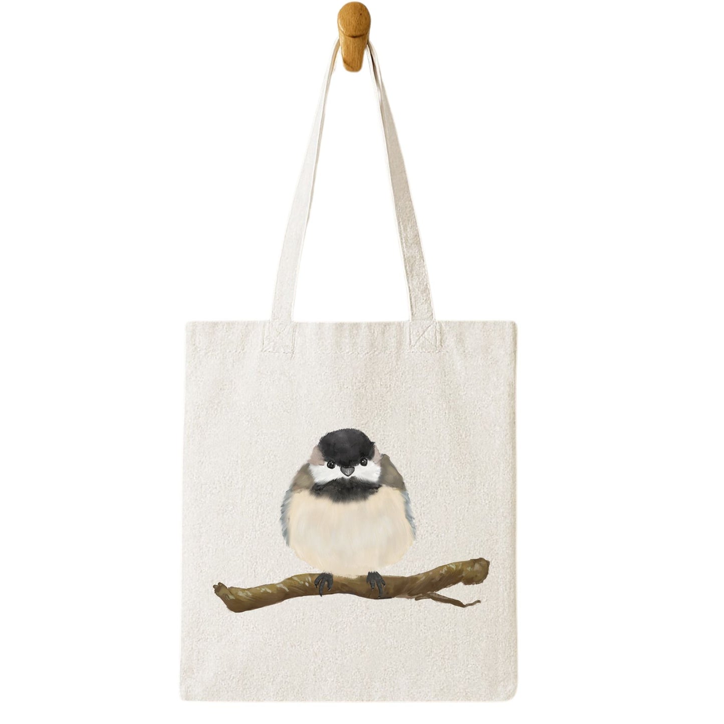 Canvas Tote Bag with Fluffy Chickadee Artwork - MerikaArt