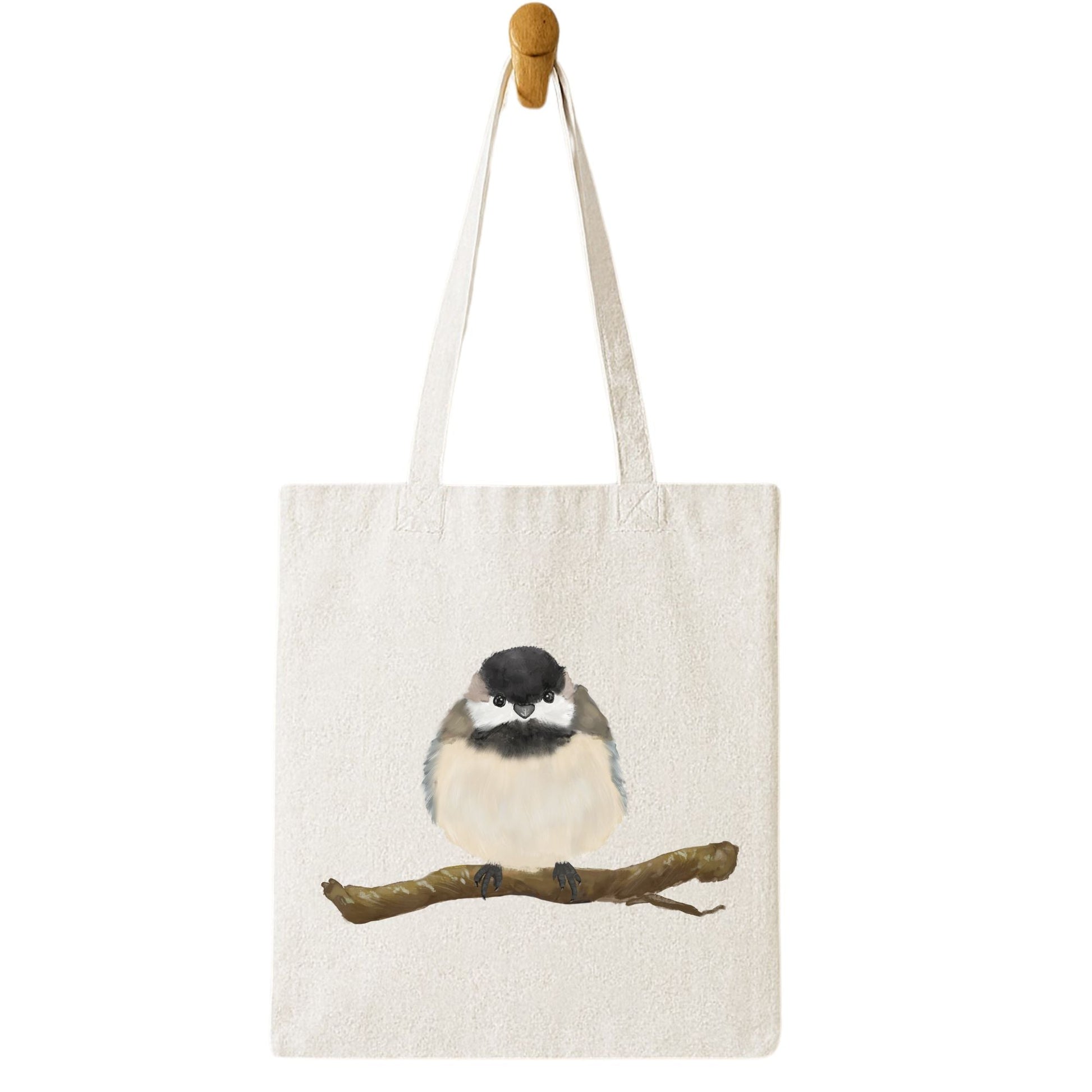 Canvas Tote Bag with Fluffy Chickadee Artwork - MerikaArt