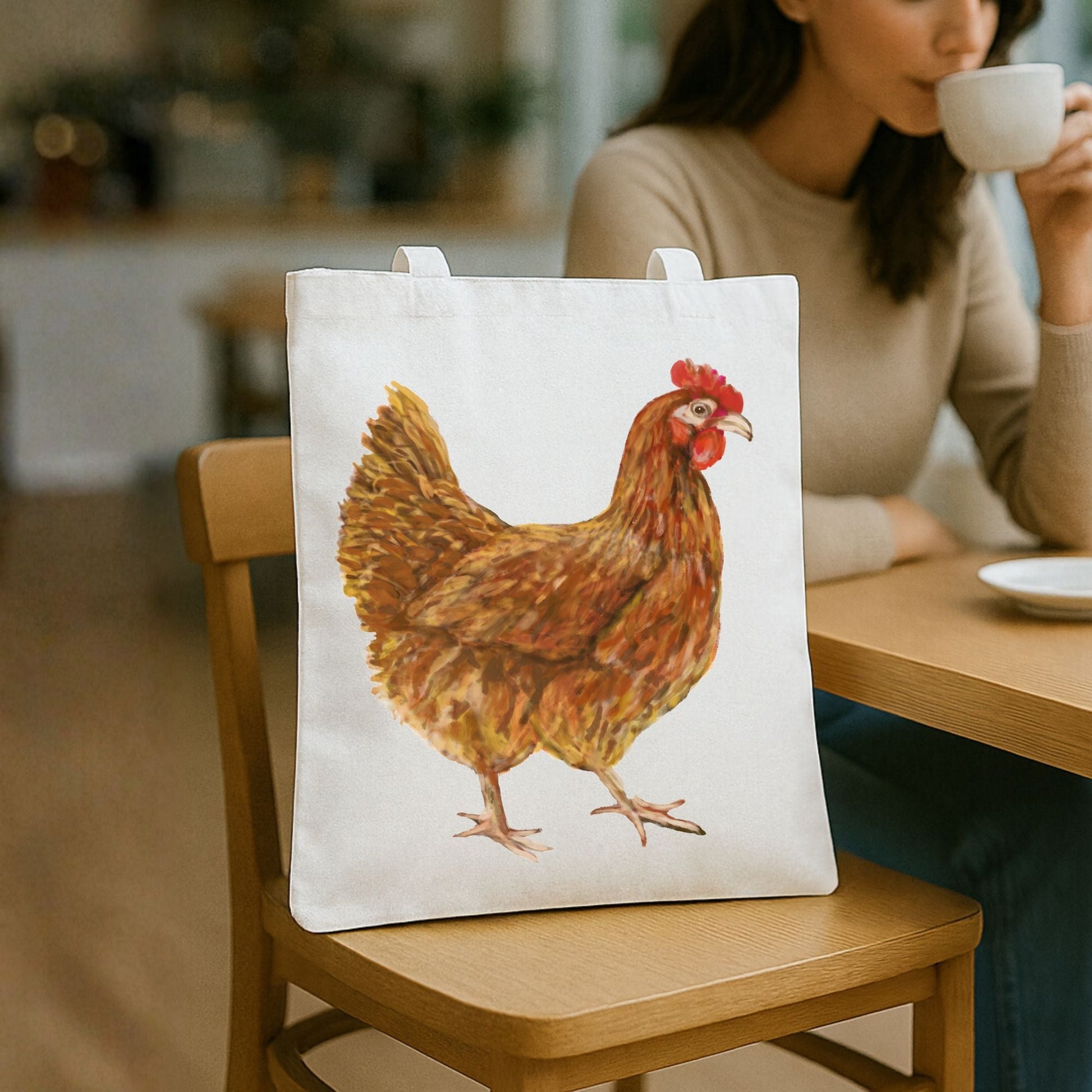Canvas Tote Bag with Golden Brown Hen Artwork - MerikaArt