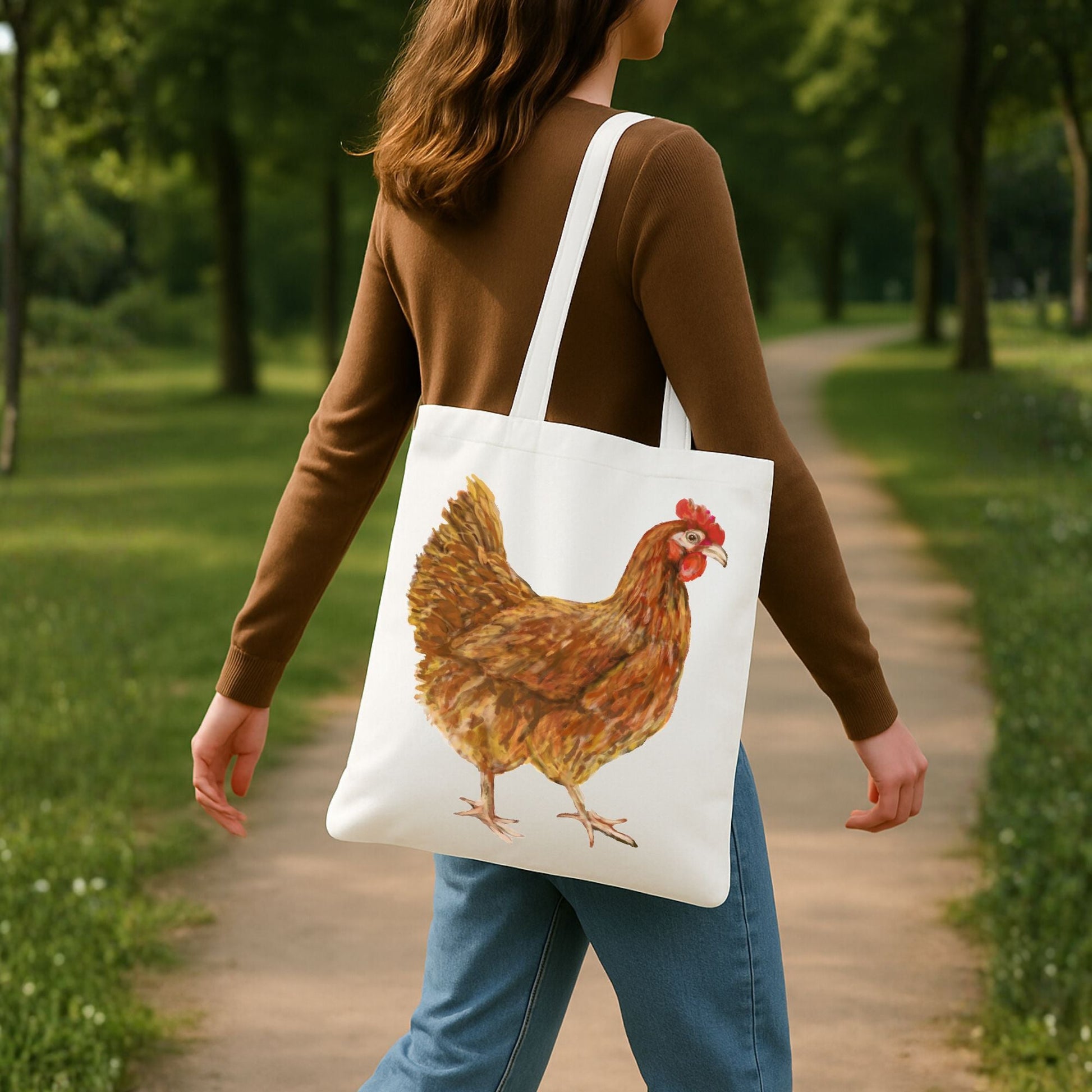 Canvas Tote Bag with Golden Brown Hen Artwork - MerikaArt