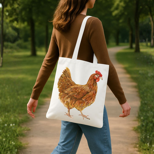 Canvas Tote Bag with Golden Brown Hen Artwork - MerikaArt