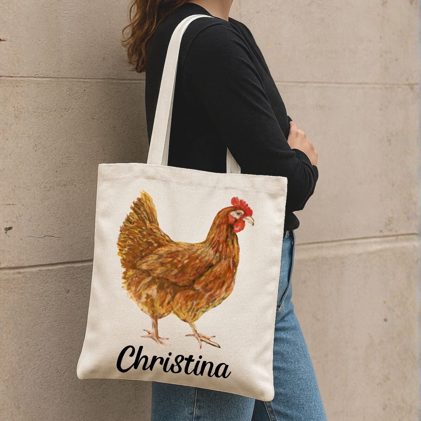 Canvas Tote Bag with Golden Brown Hen Artwork - MerikaArt
