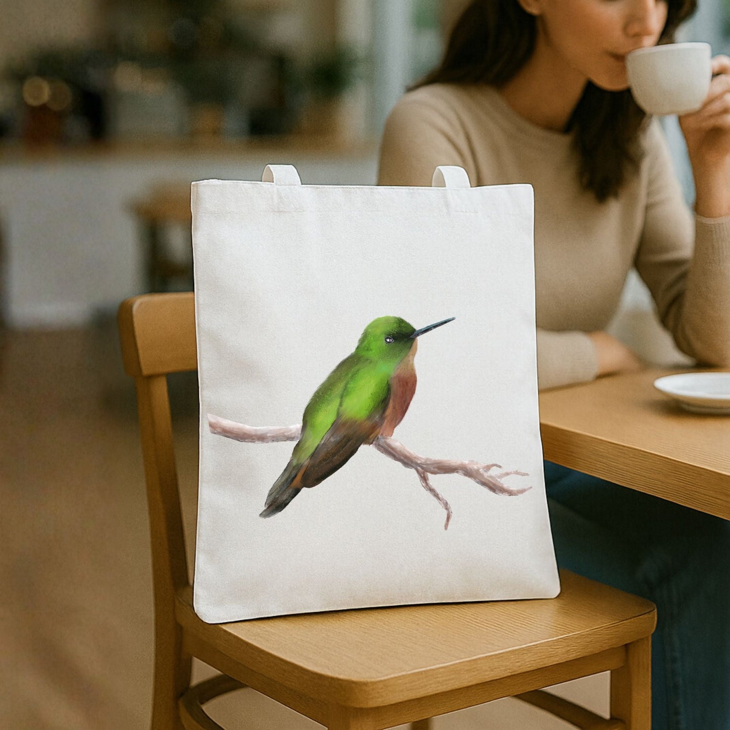 Canvas Tote Bag with Hummingbird Artwork - MerikaArt