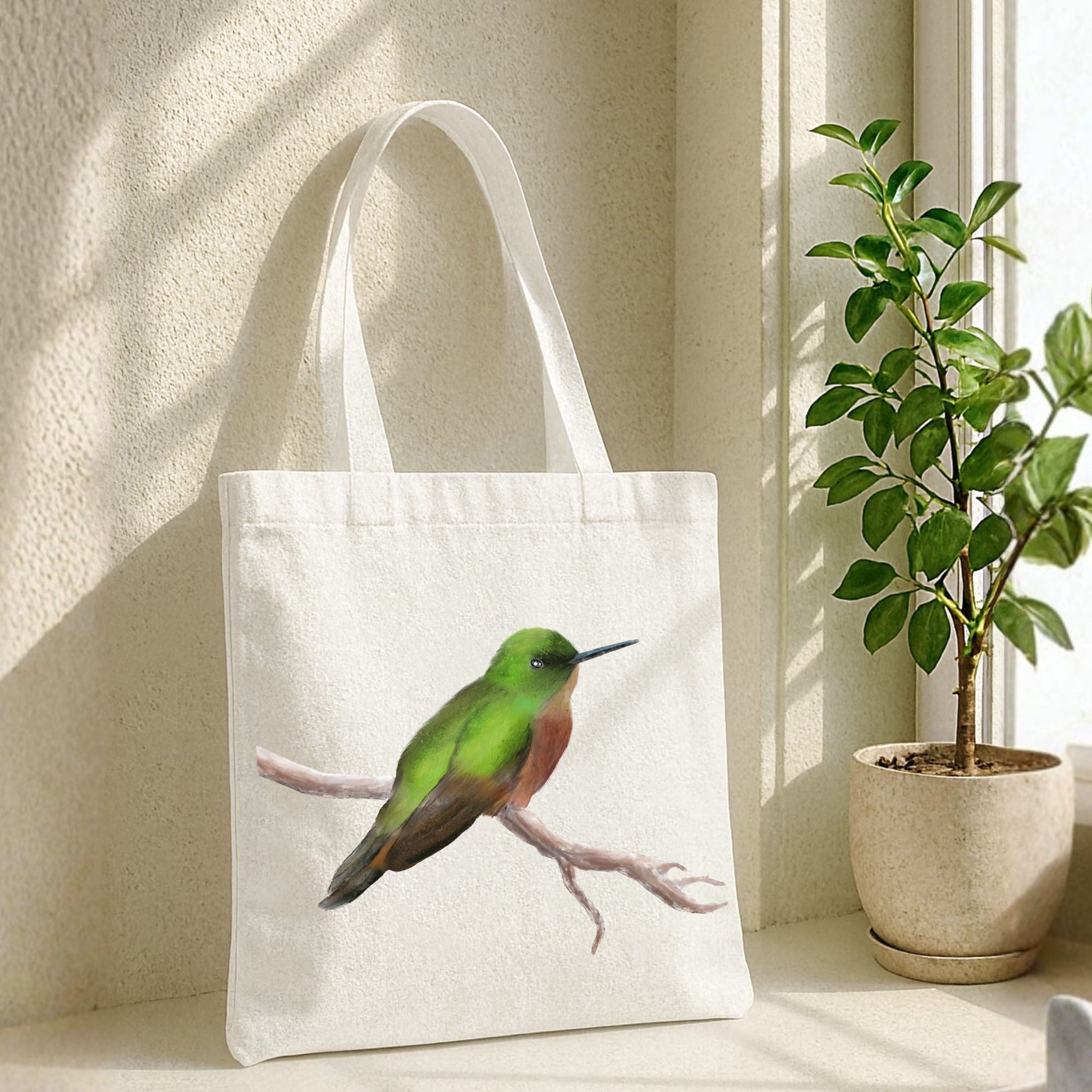 Canvas Tote Bag with Hummingbird Artwork - MerikaArt