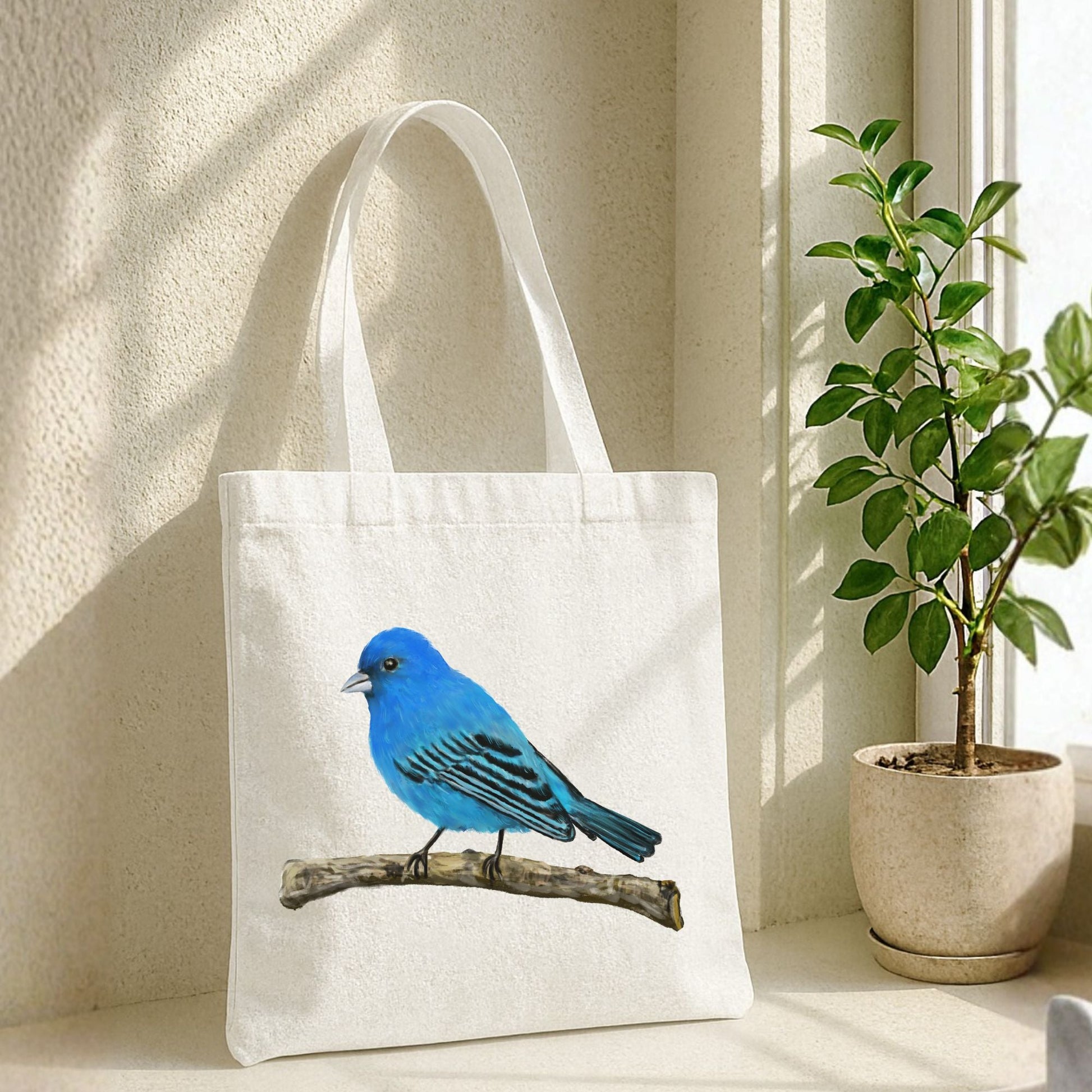 Canvas Tote Bag with Indigo Bunting Artwork - MerikaArt